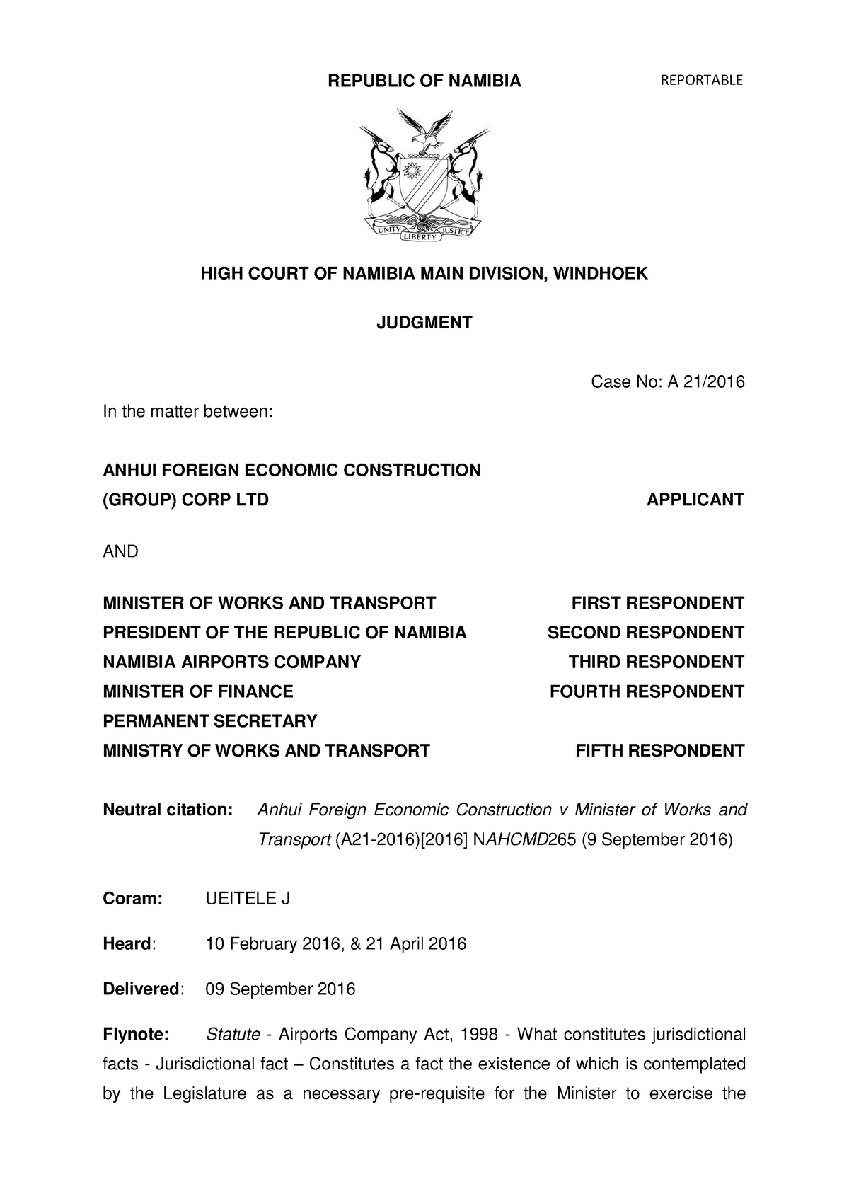 Anuihi case - ADMIN LAW LECTURER NOTES - REPUBLIC OF NAMIBIA HIGH COURT ...