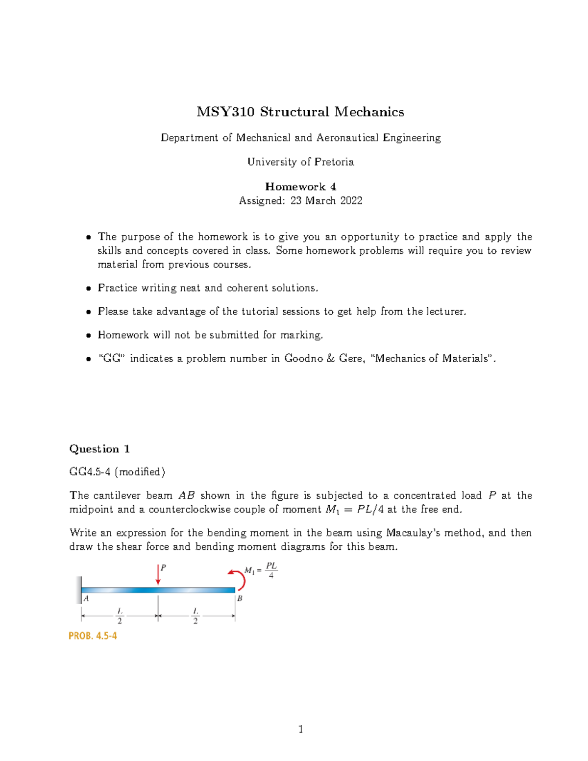 Msy hw04 22 - Homework assignment nr 4 - MSY310 Structural Mechanics ...