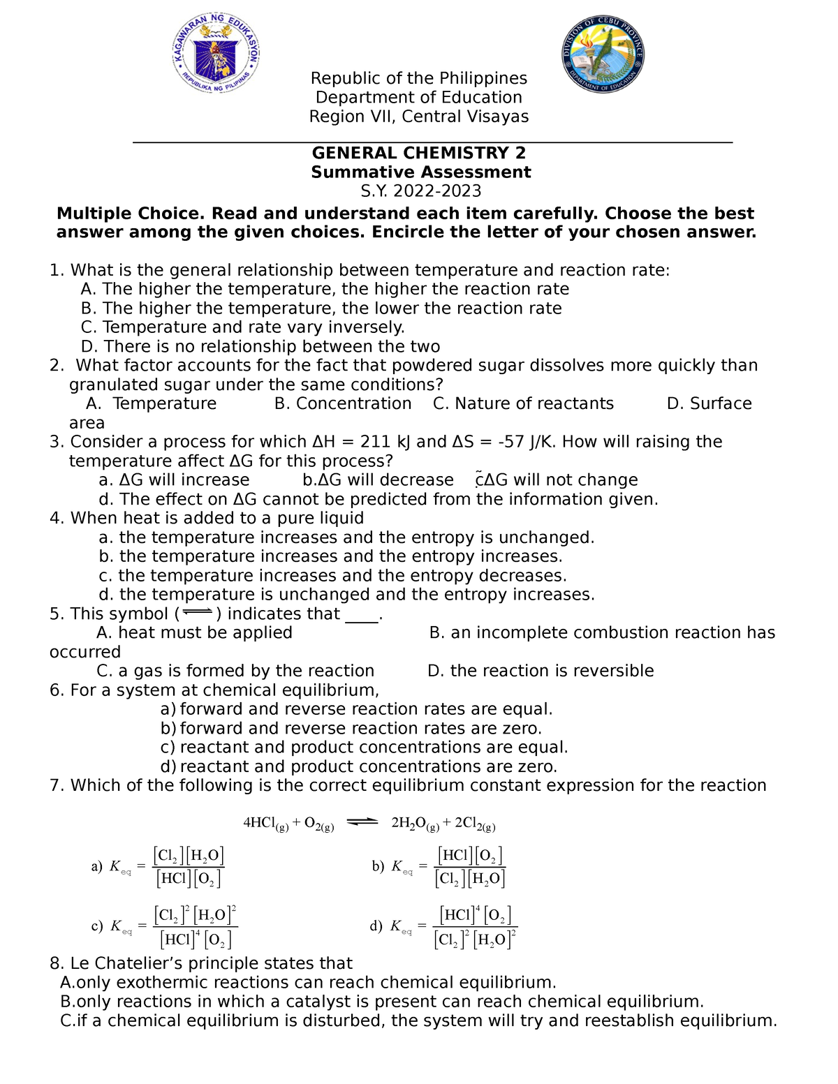 Summative Assessment Chemistry 2 - Republic Of The Philippines ...