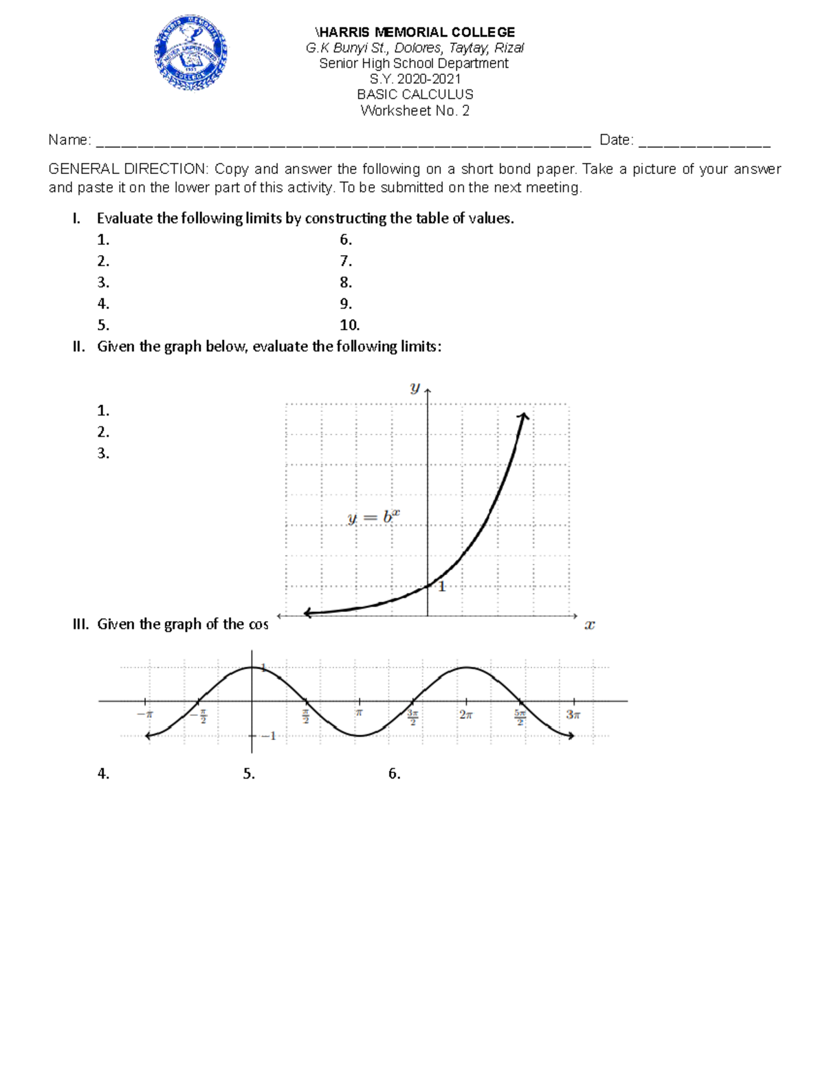 Week 2 (exponential limits) - \HARRIS MEMORIAL COLLEGE G Bunyi St ...
