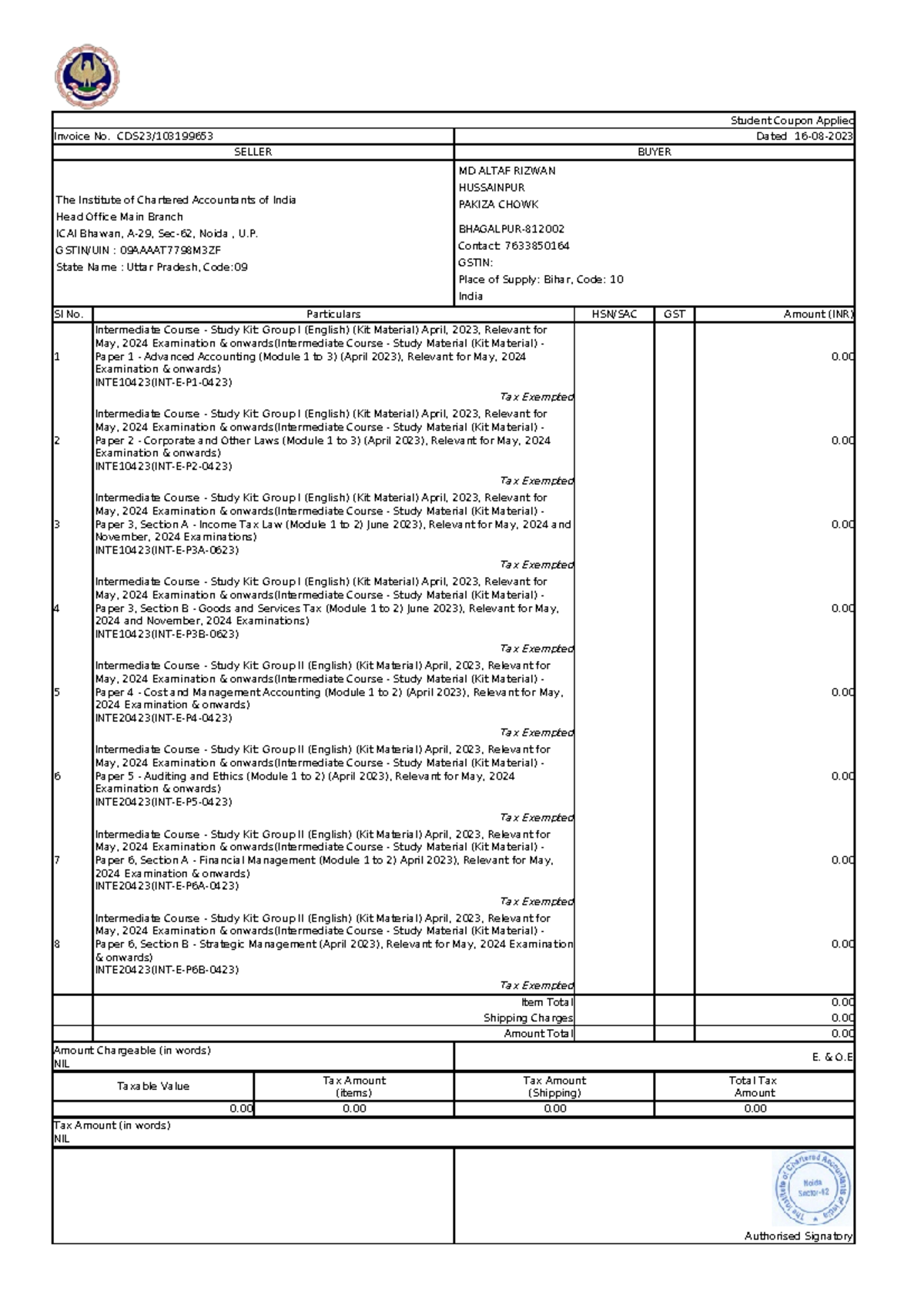 Cds invoice 103199653 - Nsnak - Student Coupon Applied Invoice No ...