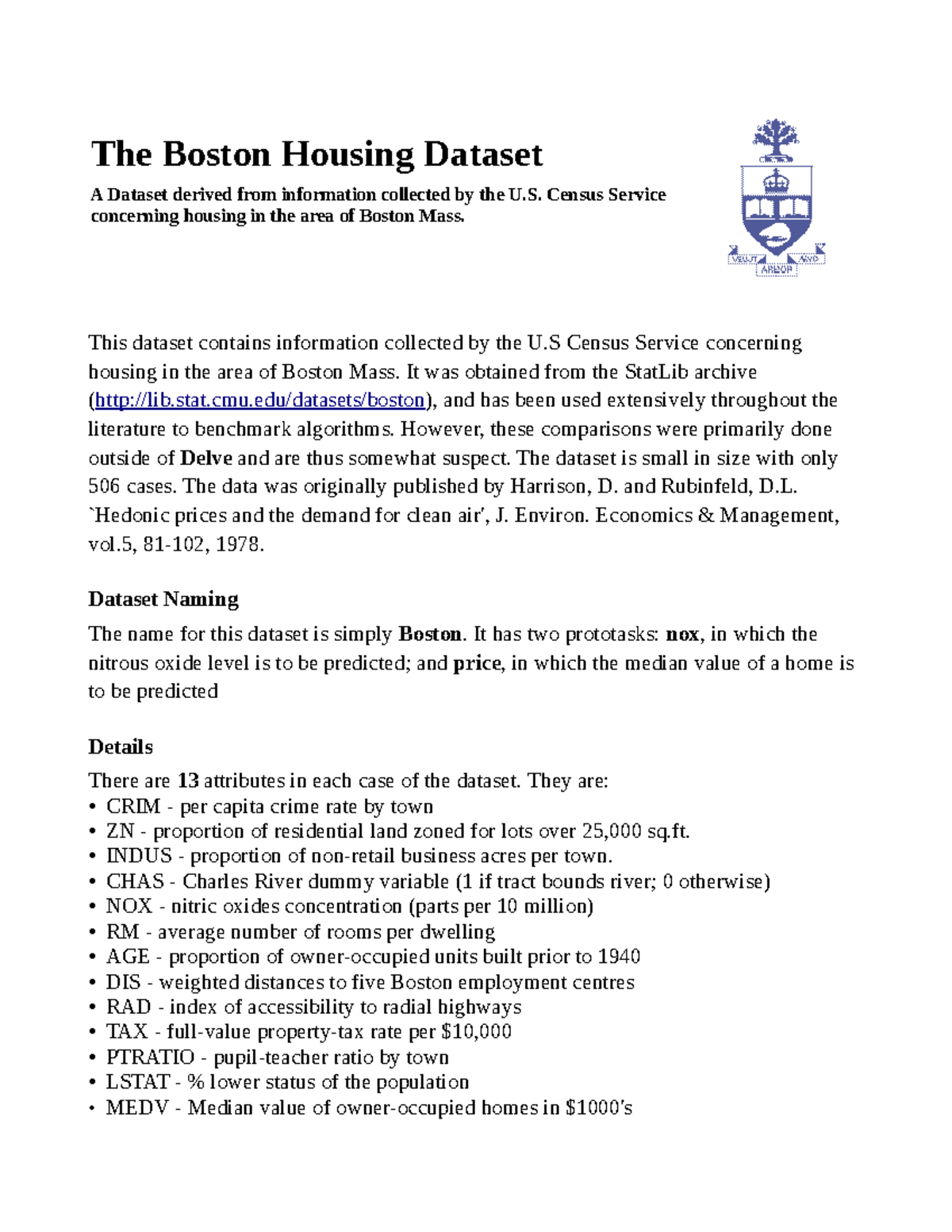 Boston lecture The Boston Housing Dataset A Dataset derived from