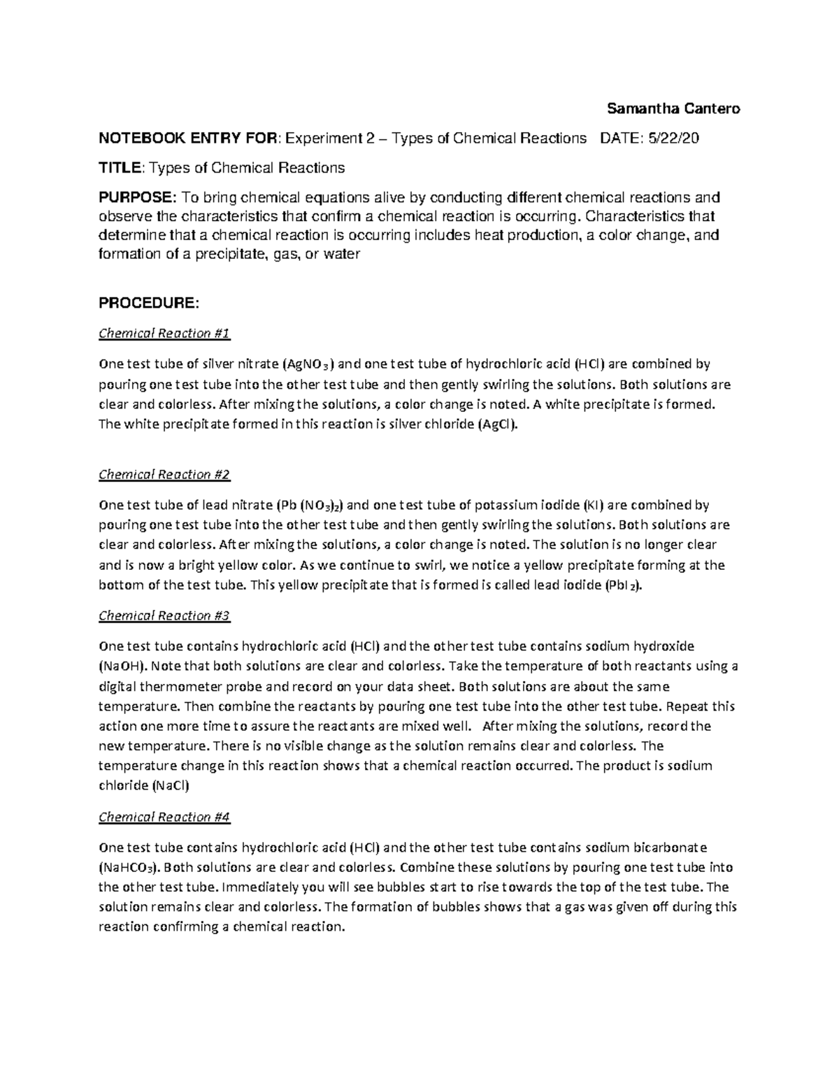 Chemical reactions lab - Samantha Cantero NOTEBOOK ENTRY FOR ...