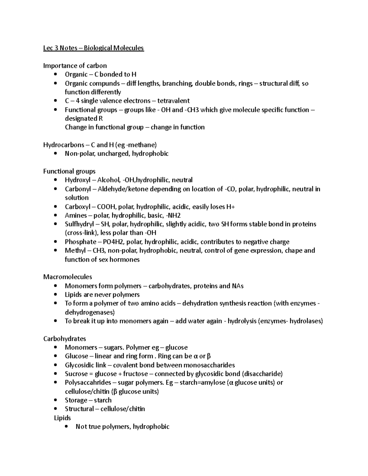 Lec 3 Notes - Daniel Merchant - Lec 3 Notes – Biological Molecules ...
