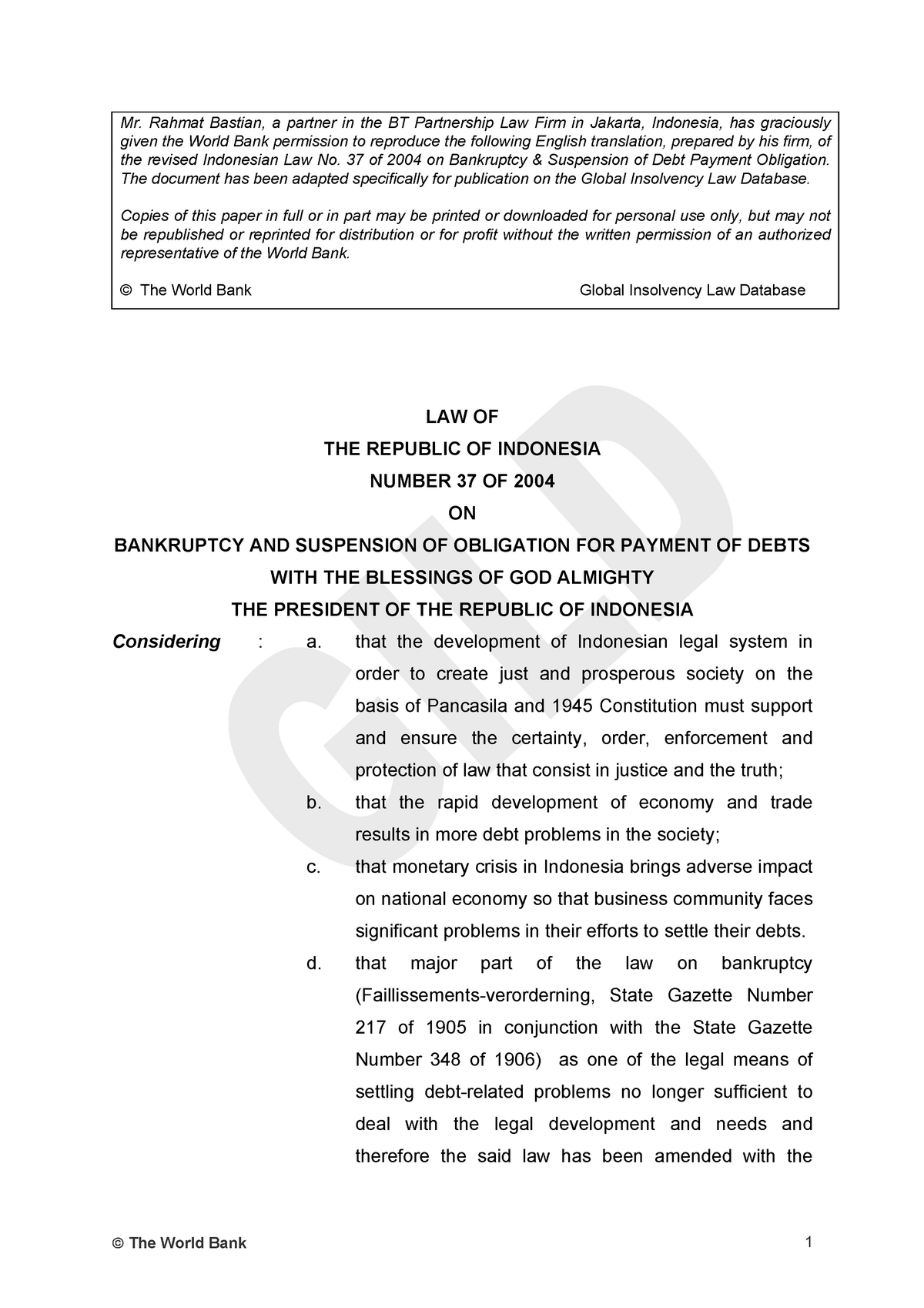 2004 Indonesia Bankruptcy Law(English) - Mr. Rahmat Bastian, A Partner ...