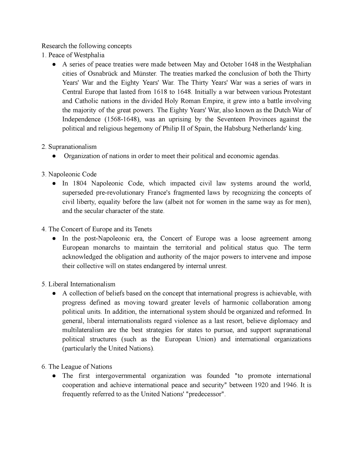 RESEARCH CONCEPTS - Research the following concepts Peace of Westphalia ...