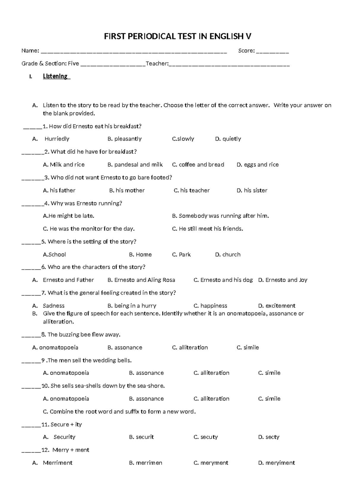 First Periodical TEST IN English V - FIRST PERIODICAL TEST IN ENGLISH V ...