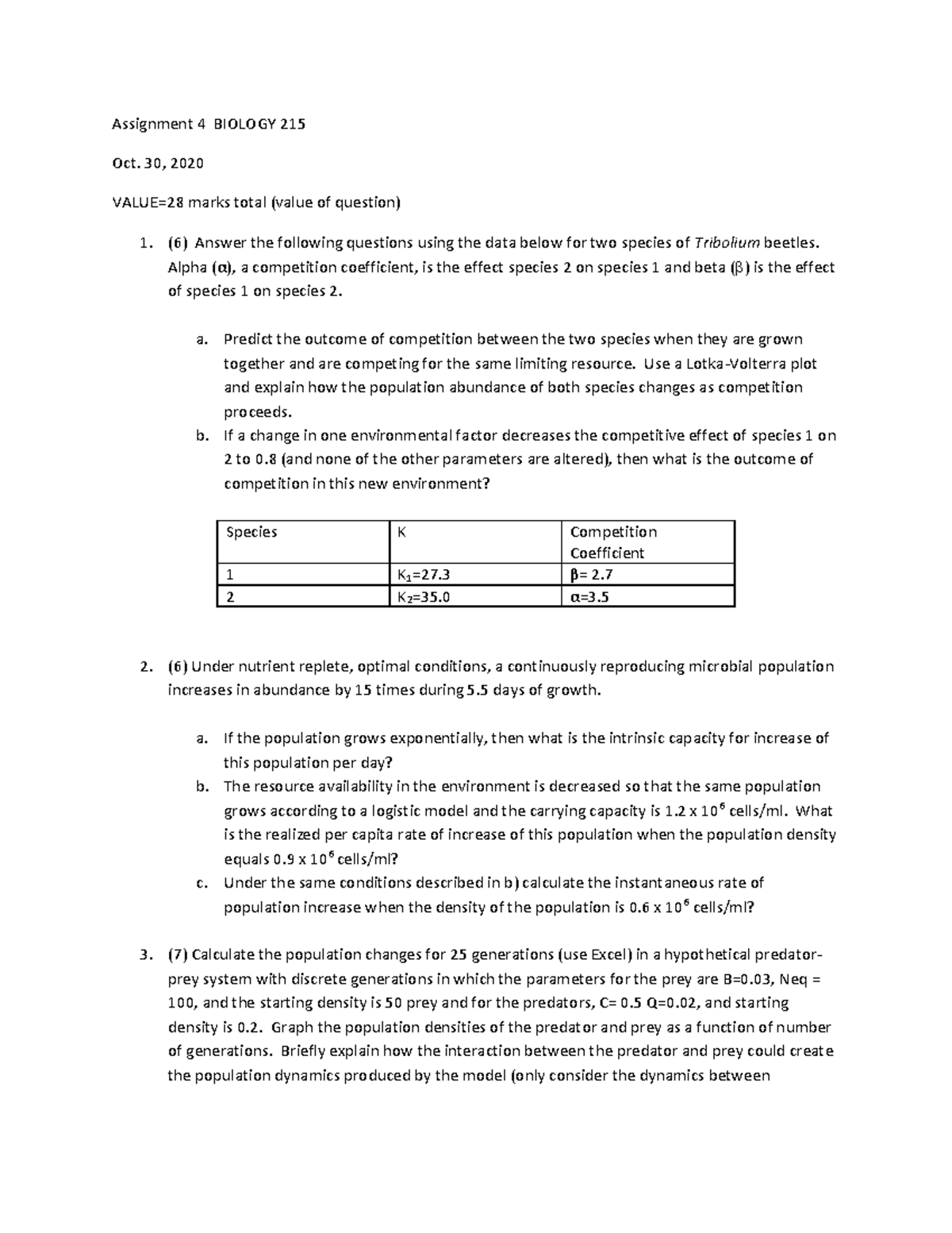 Assignment 4 BIOL215 - 2020 - Assignment 4 BIOLOGY 215 Oct. 30, 2020 ...