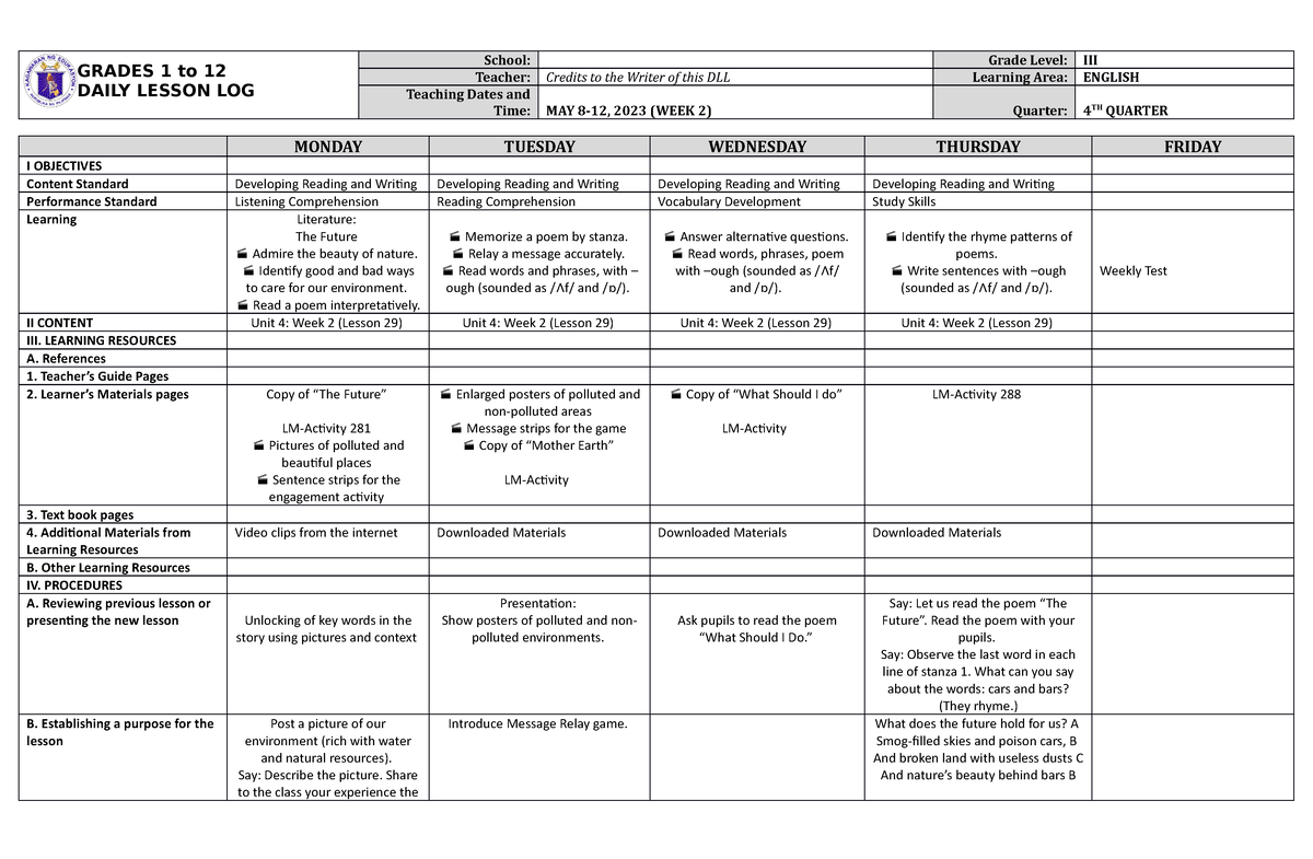 Dll English 3 Q4 W2 - Dll - Grades 1 To 12 Daily Lesson Log School 