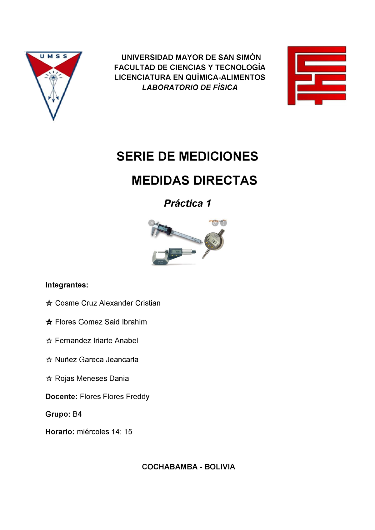 Informe N° 1( Laboratorio DE Fisica) Serie De Mediciones Medidas ...