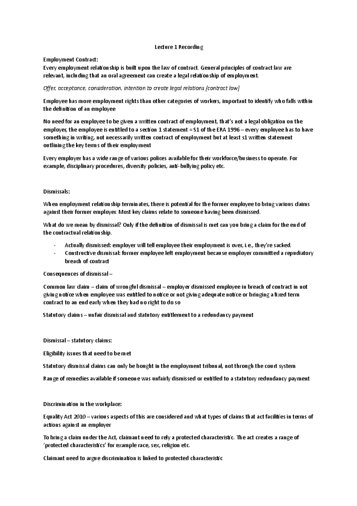 Employment LAW Lecture 1 Recording - Lecture 1 Recording Employment ...