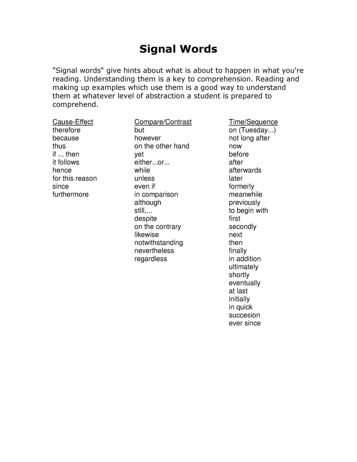 Signal Words English Worksheets