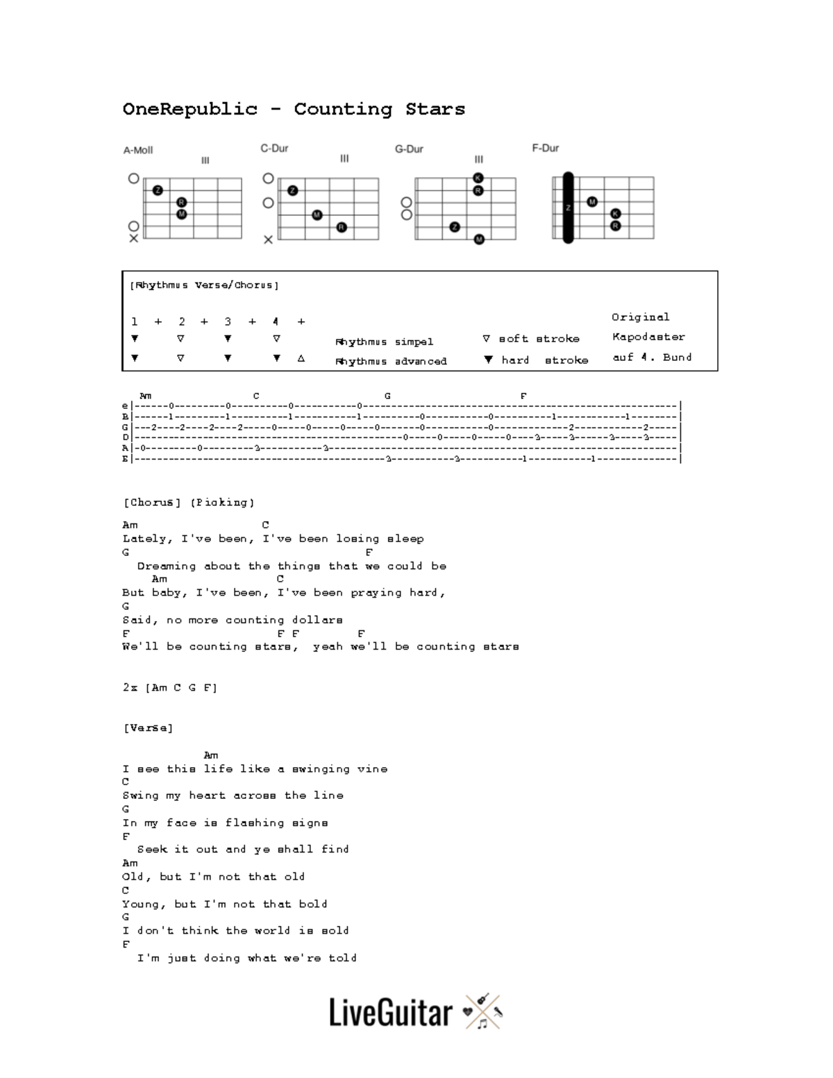 Song Sheet One Republic Counting Stars - OneRepublic - Counting Stars ...