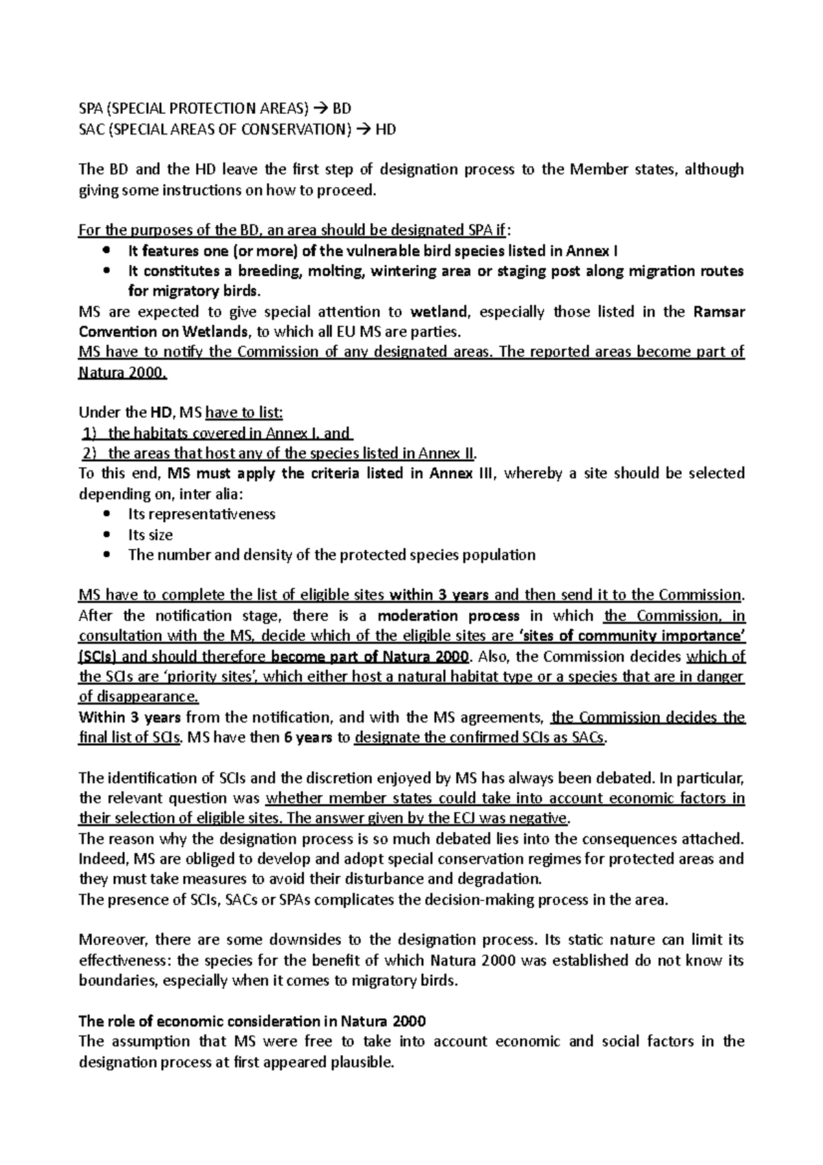 Bird habitats directives (riassunto cap.) SPA (SPECIAL PROTECTION AREAS) BD SAC (SPECIAL AREAS