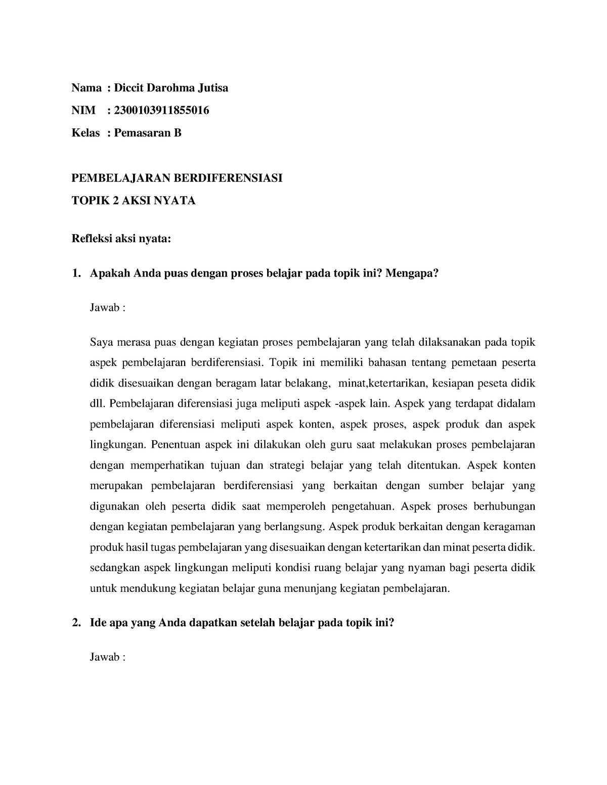 Topik 2 AKSI Nyata Pembelajaran Berdiferensiasi- Diccit Darohma Jutisa ...