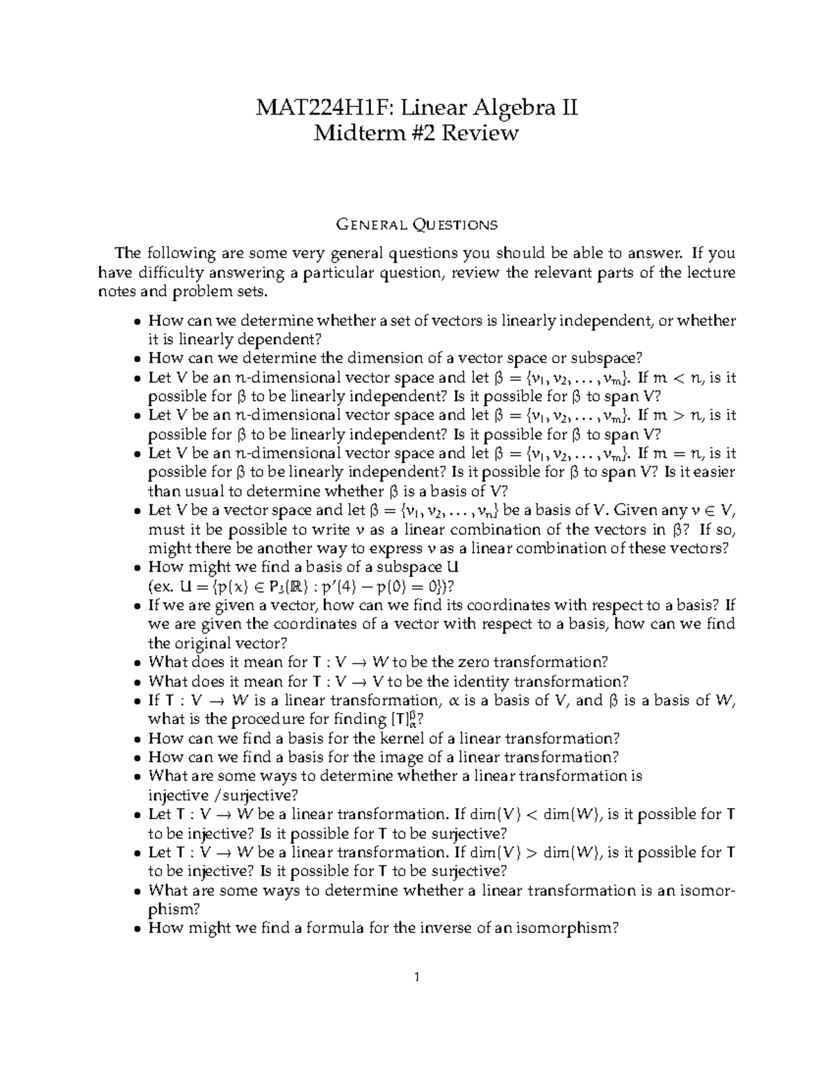 MAT224F Midterm #2 Review Sheet - MAT224H1F: Linear Algebra II Midterm ...