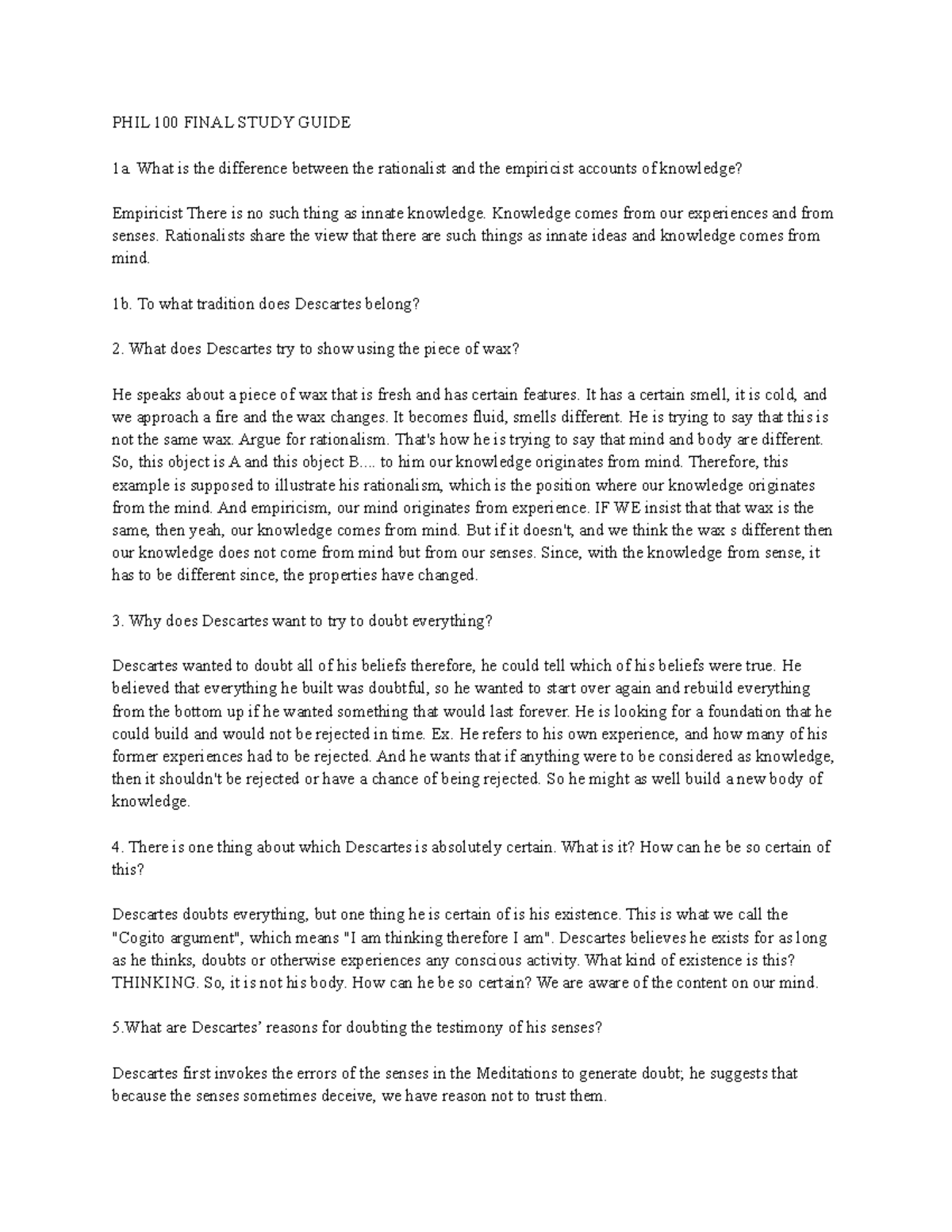 PHIL 100 Final Study Guide - PHIL 100 FINAL STUDY GUIDE 1a. What Is The ...