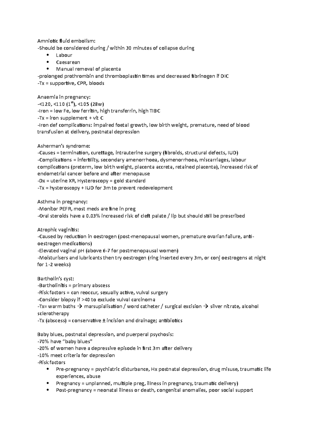 Gynaecology summary - Amniotic fluid embolism: -Should be considered ...