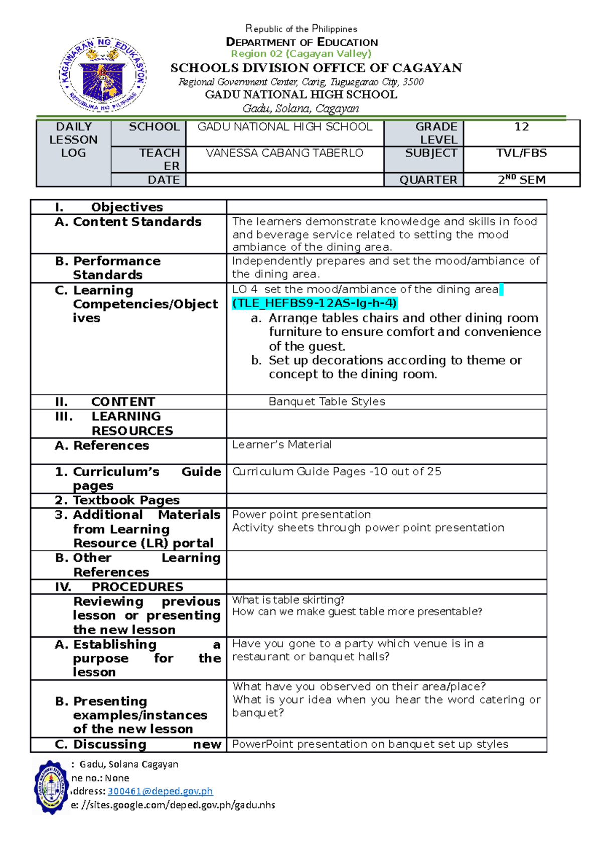 Banqet table styles - fbs tvl - Republic of the Philippines DEPARTMENT ...