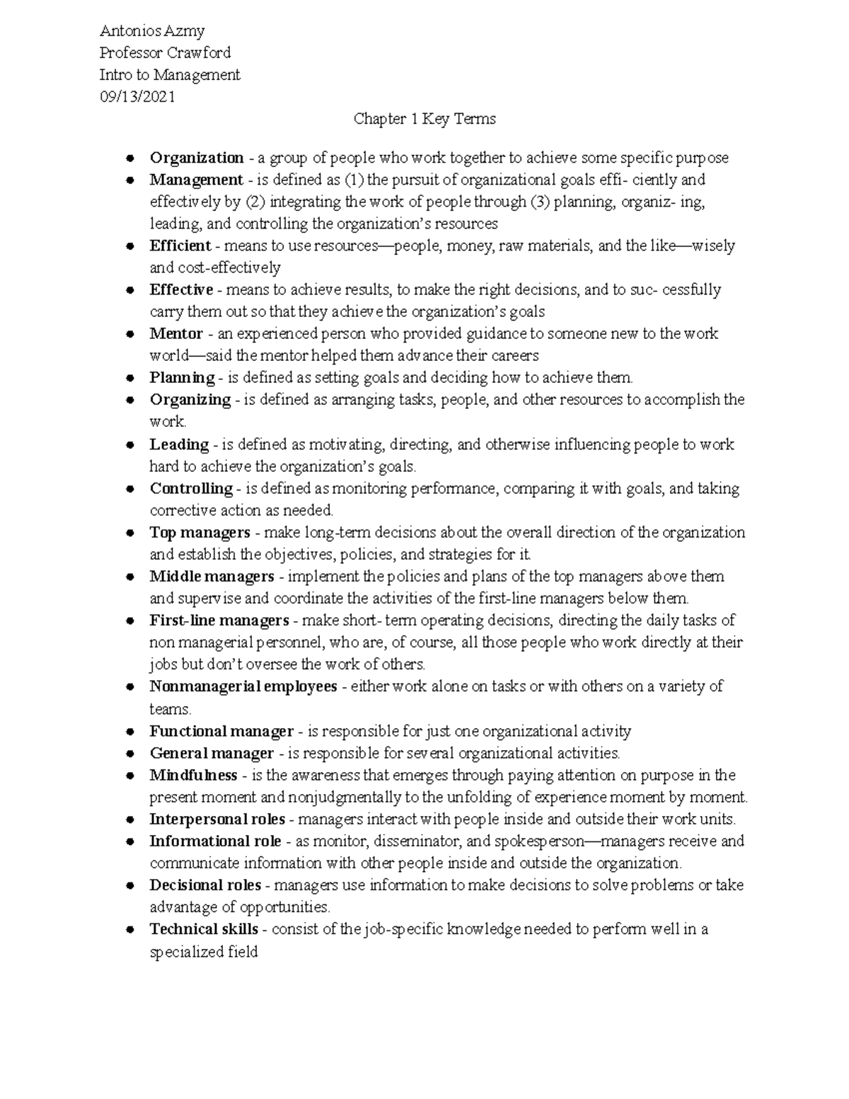 Intro MGMT Key Terms 1,2,5-2 - Professor Crawford Intro to Management ...