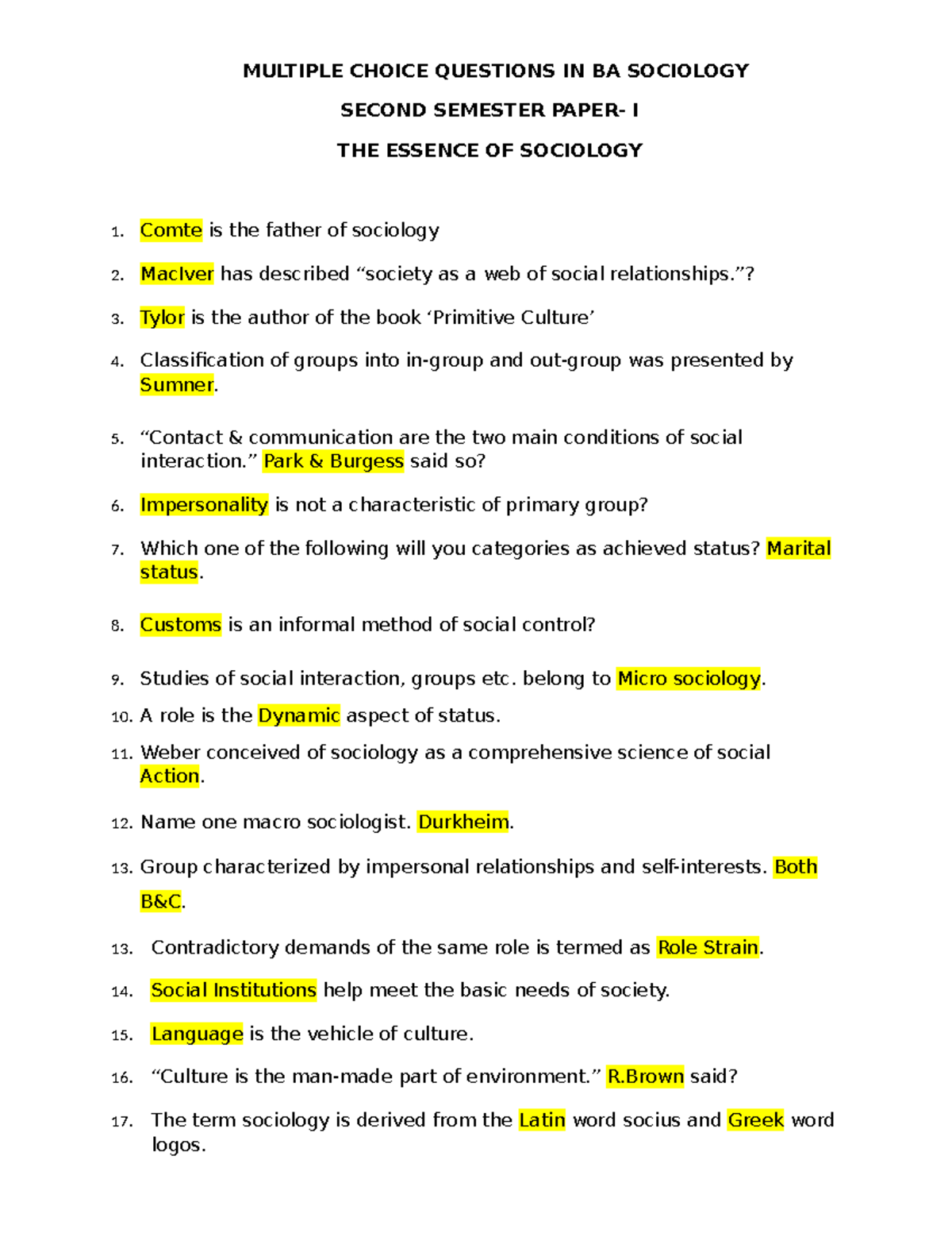 Ba sociology Essential sociologypdf-1 2 - MULTIPLE CHOICE QUESTIONS IN BA SOCIOLOGY SECOND ...