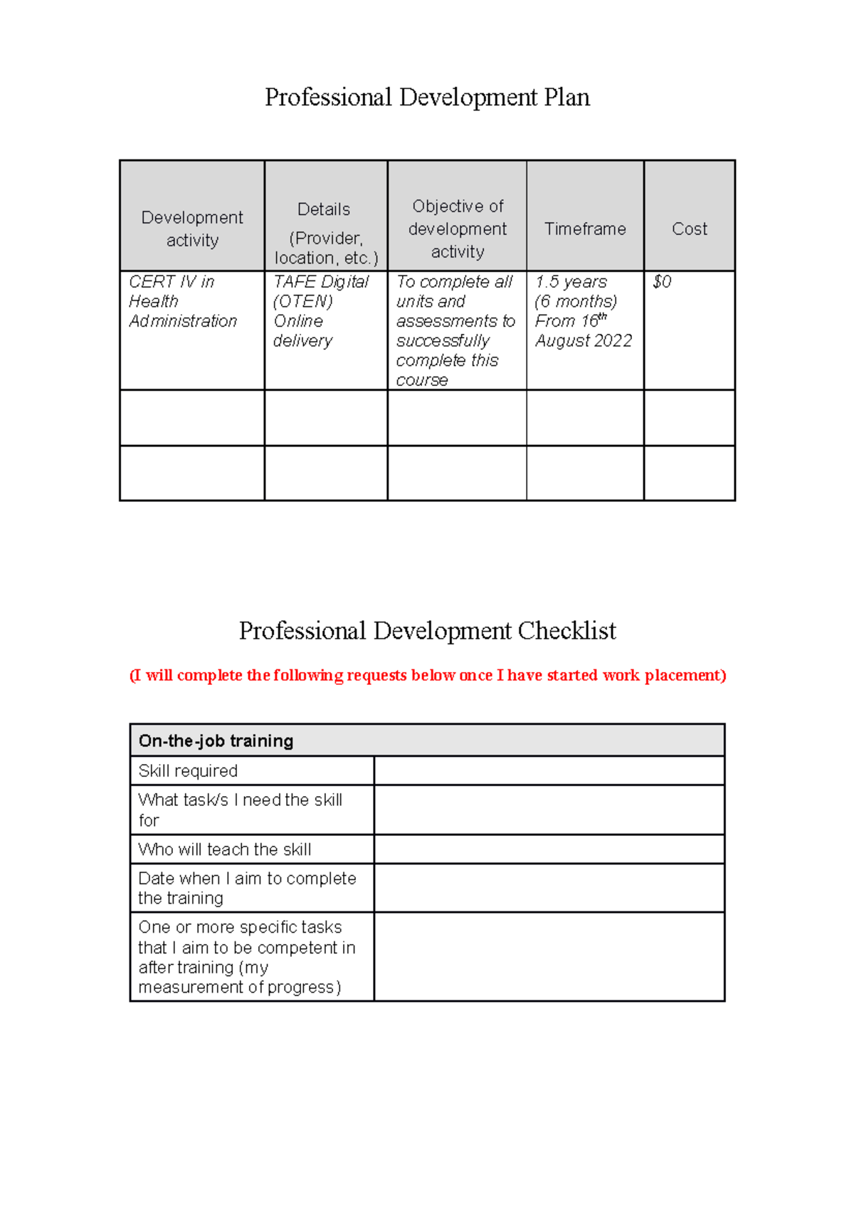 Professional Development Plan (Jodi) Professional Development Plan