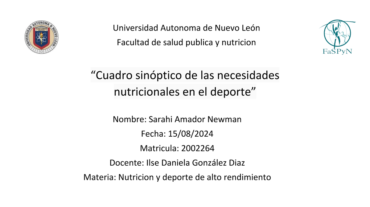 Cuadro sinóptico de las necesidades nutricionales en el deportes