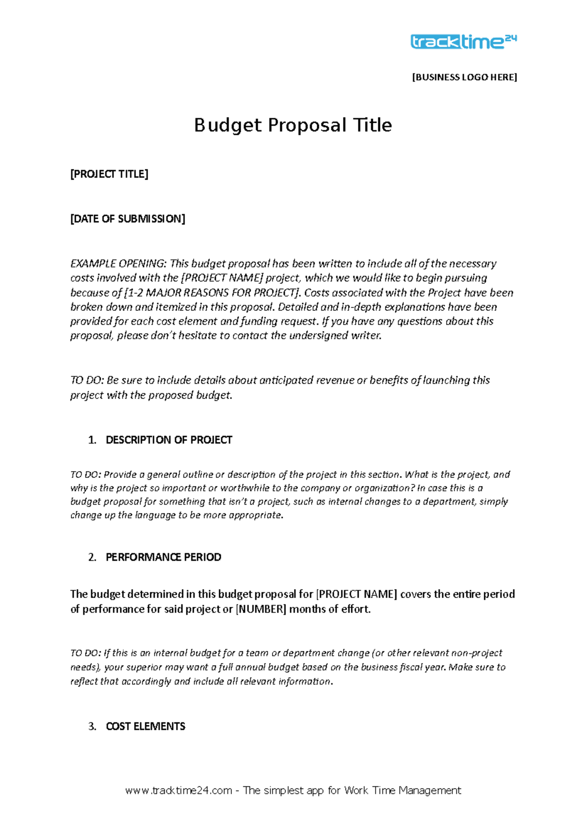 Budget Proposal Template Track Time 24 - [BUSINESS LOGO HERE] Budget ...