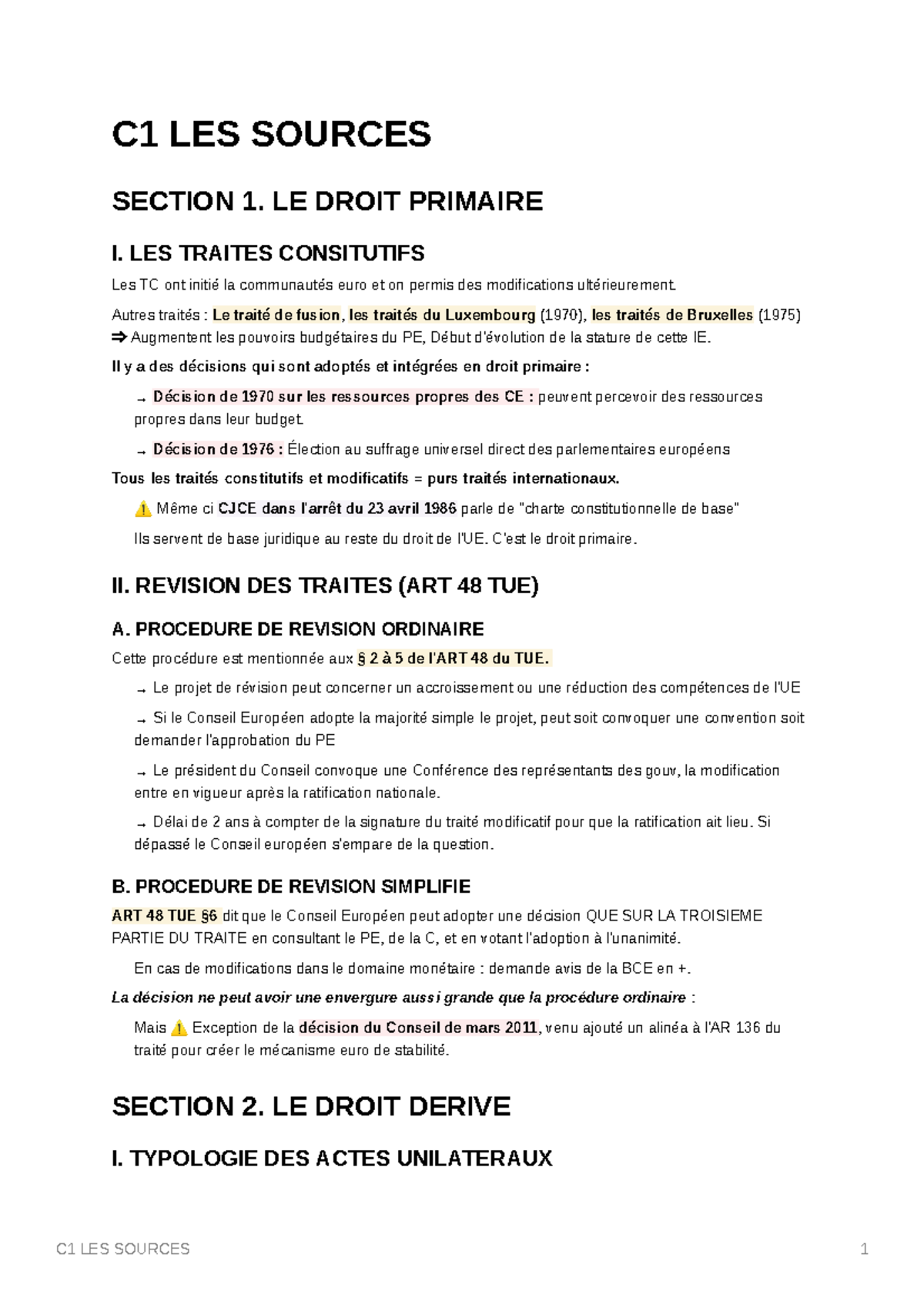 C1 Les Sources du dUE - C1 LES SOURCES SECTION 1. LE DROIT PRIMAIRE I ...