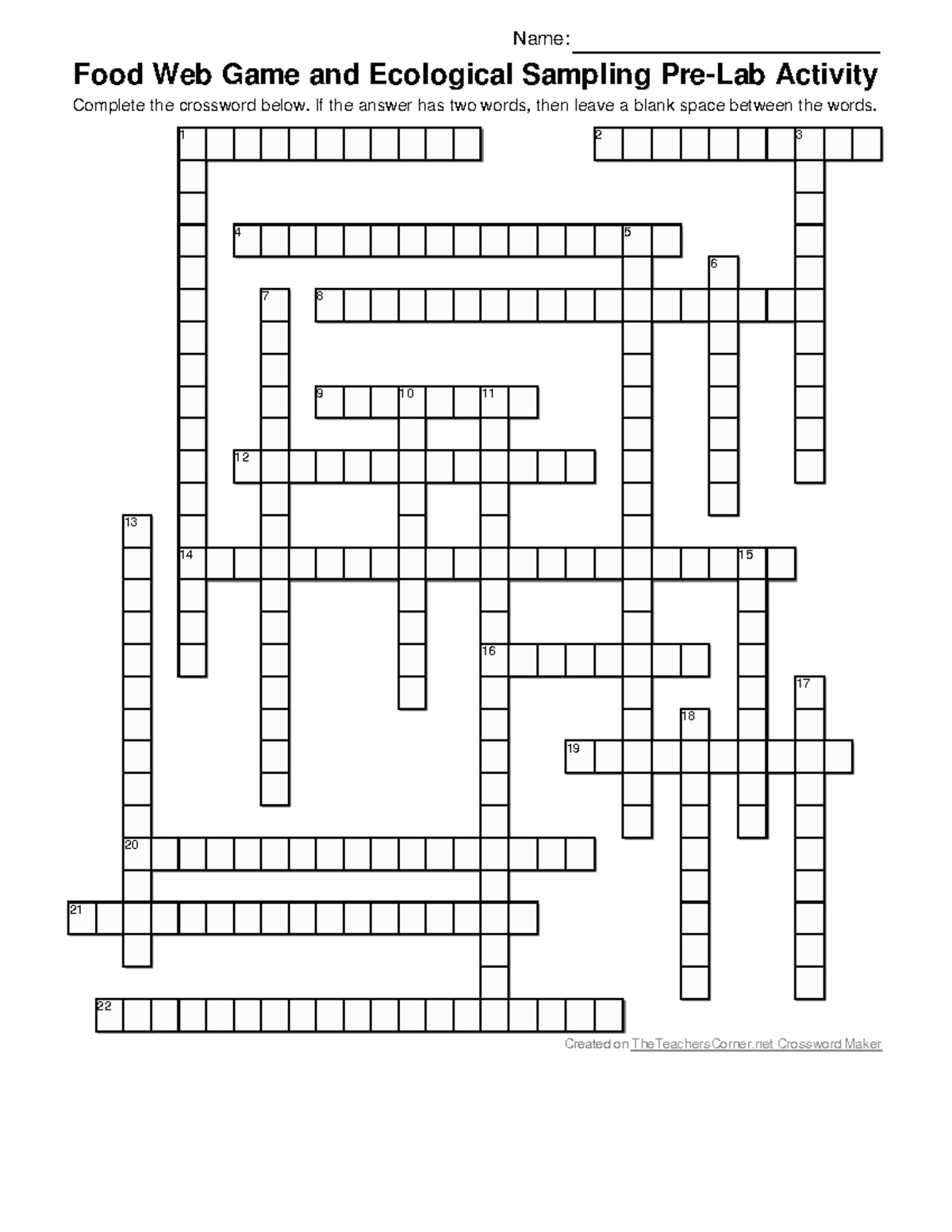 Prelab Crossword - Name: Food Web Game And Ecological Sampling Pre-Lab ...