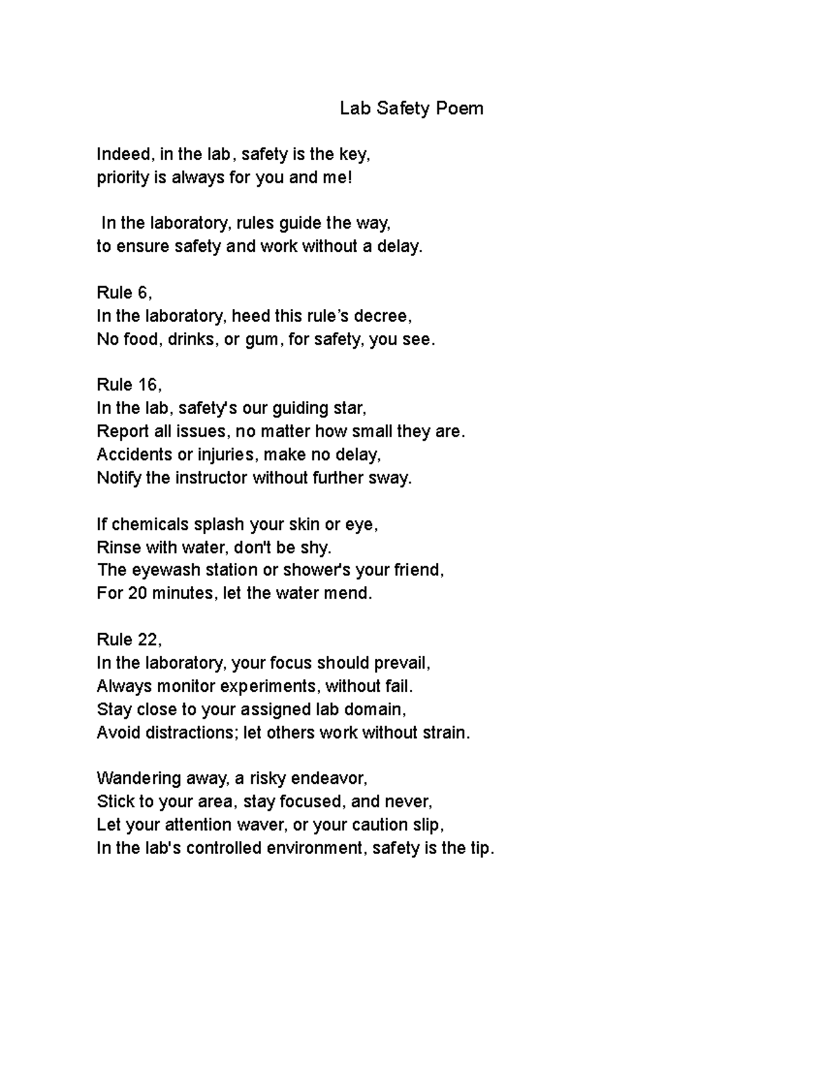 Lab Safety Poem - Google Docs - Lab Safety Poem Indeed, in the lab ...