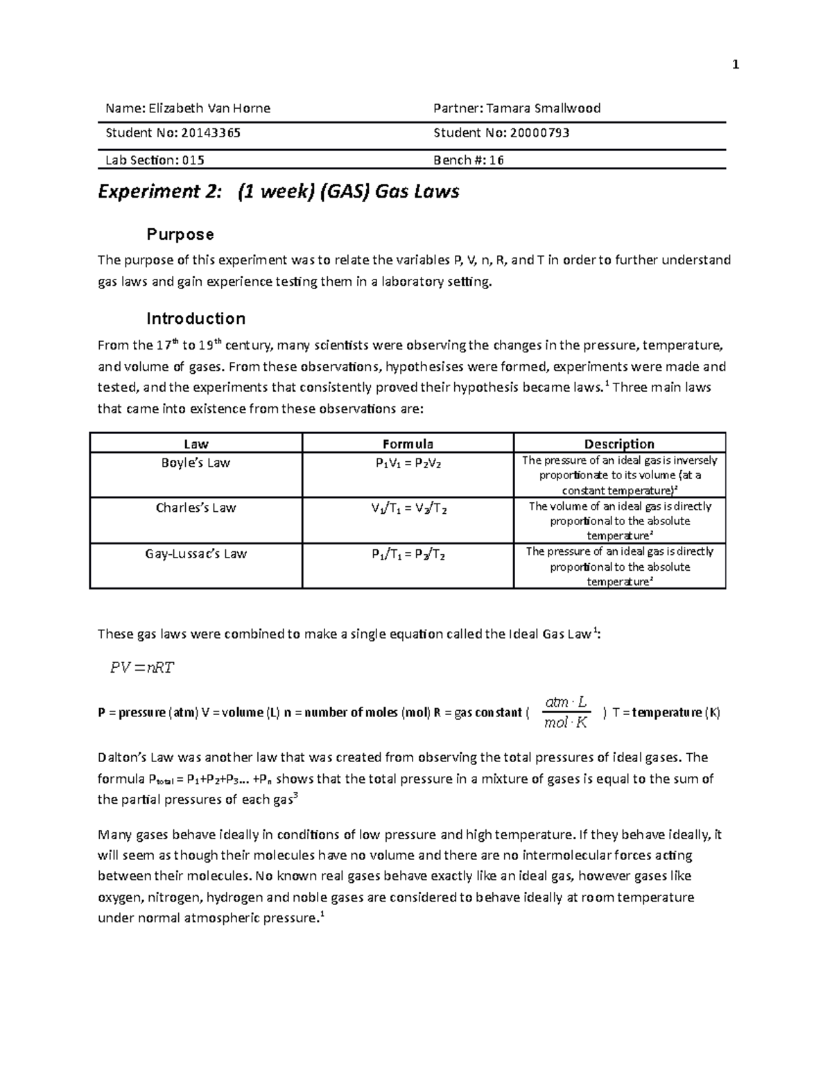 Gas Laws Chem Lab 2 Chem Lab first year Name Elizabeth Van Horne