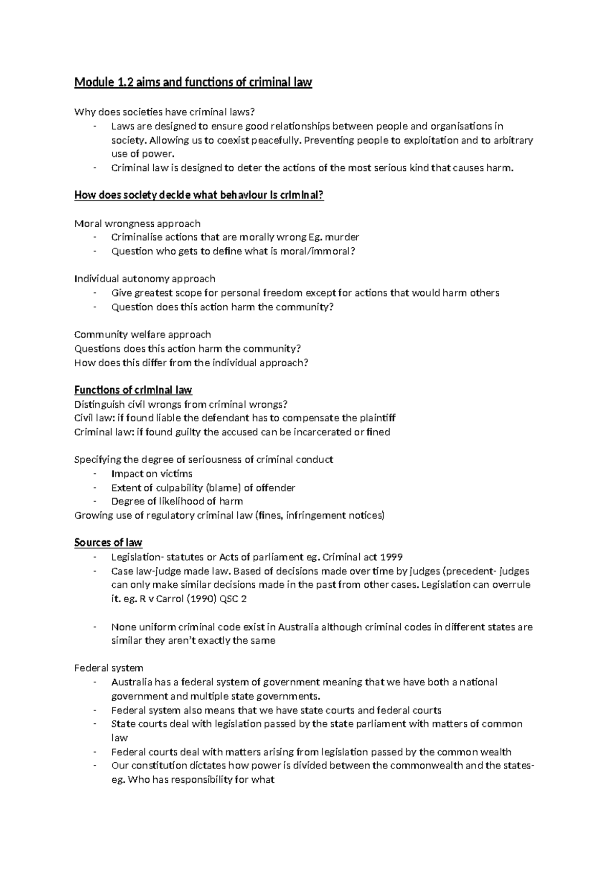 1012CCJ module notes - Module 1 aims and functions of criminal law Why ...