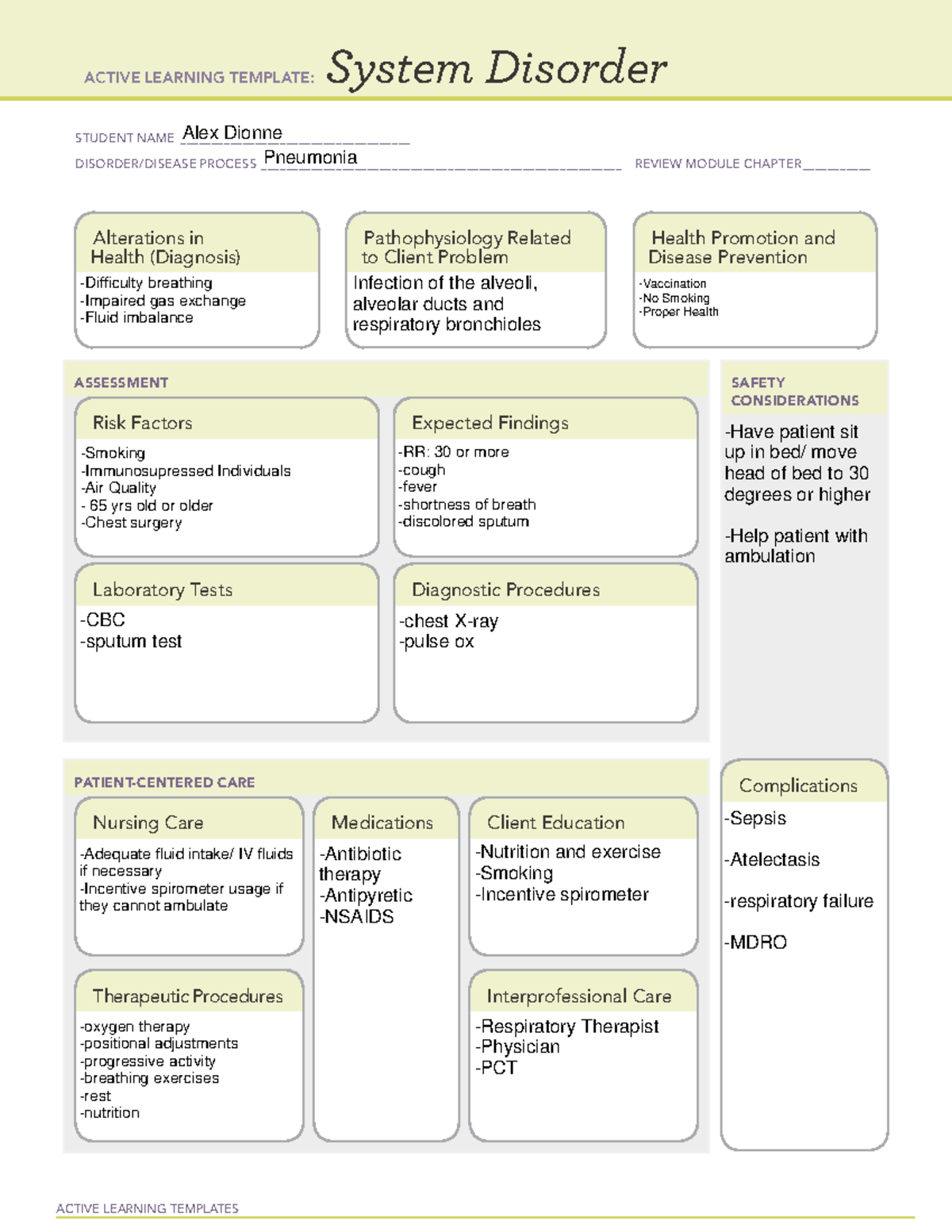 Pneumonia ACTIVE LEARNING TEMPLATES System Disorder STUDENT NAME