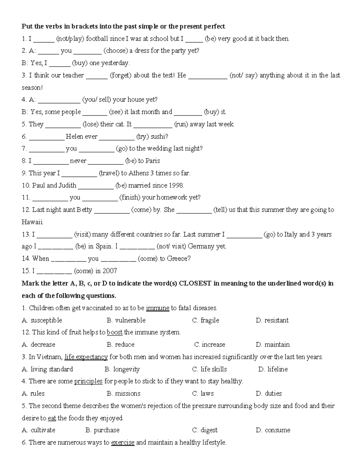 Revision - present perfect tense - Put the verbs in brackets into the ...