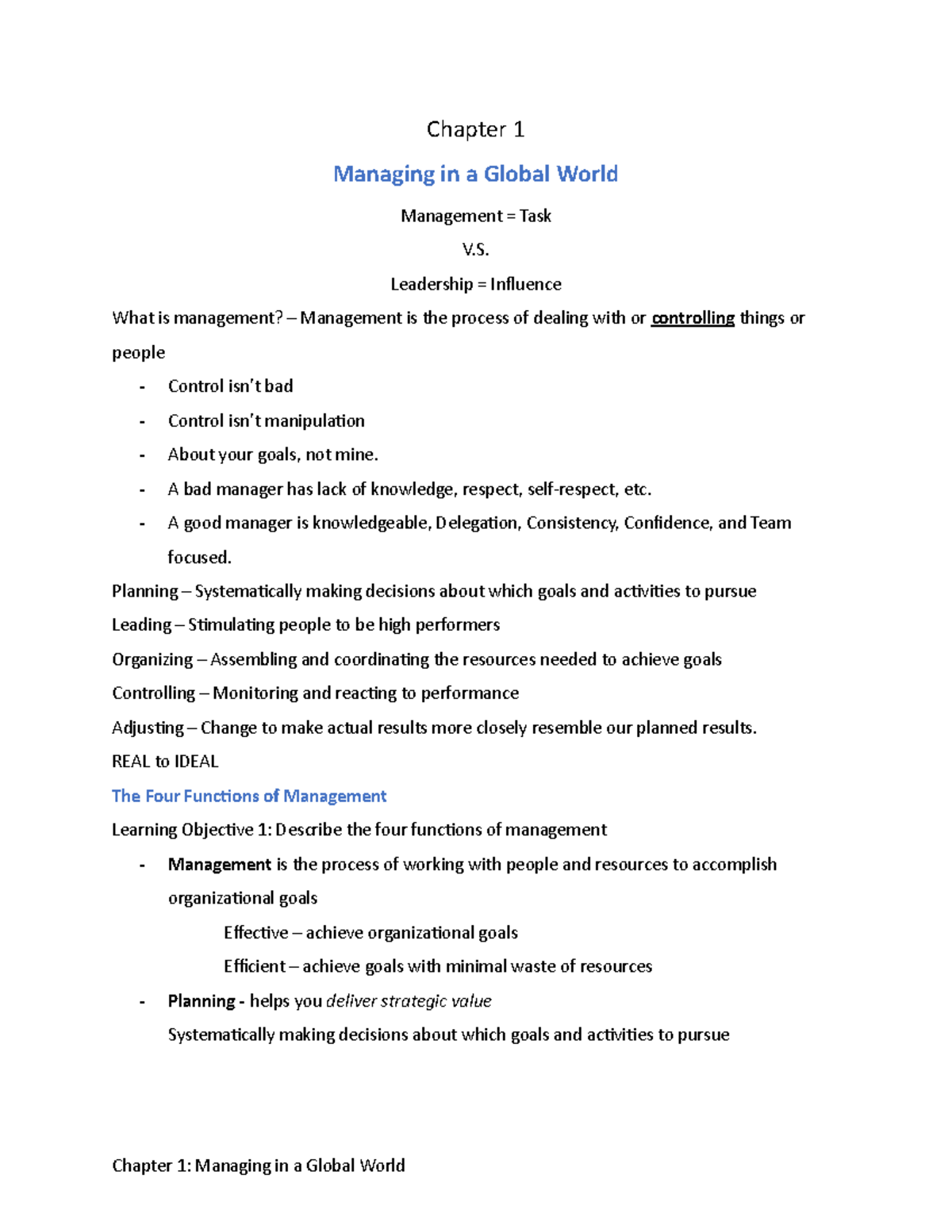 BUSI 310 - Chapter 1 - Lecture notes 2 - Chapter 1 Managing in a Global ...