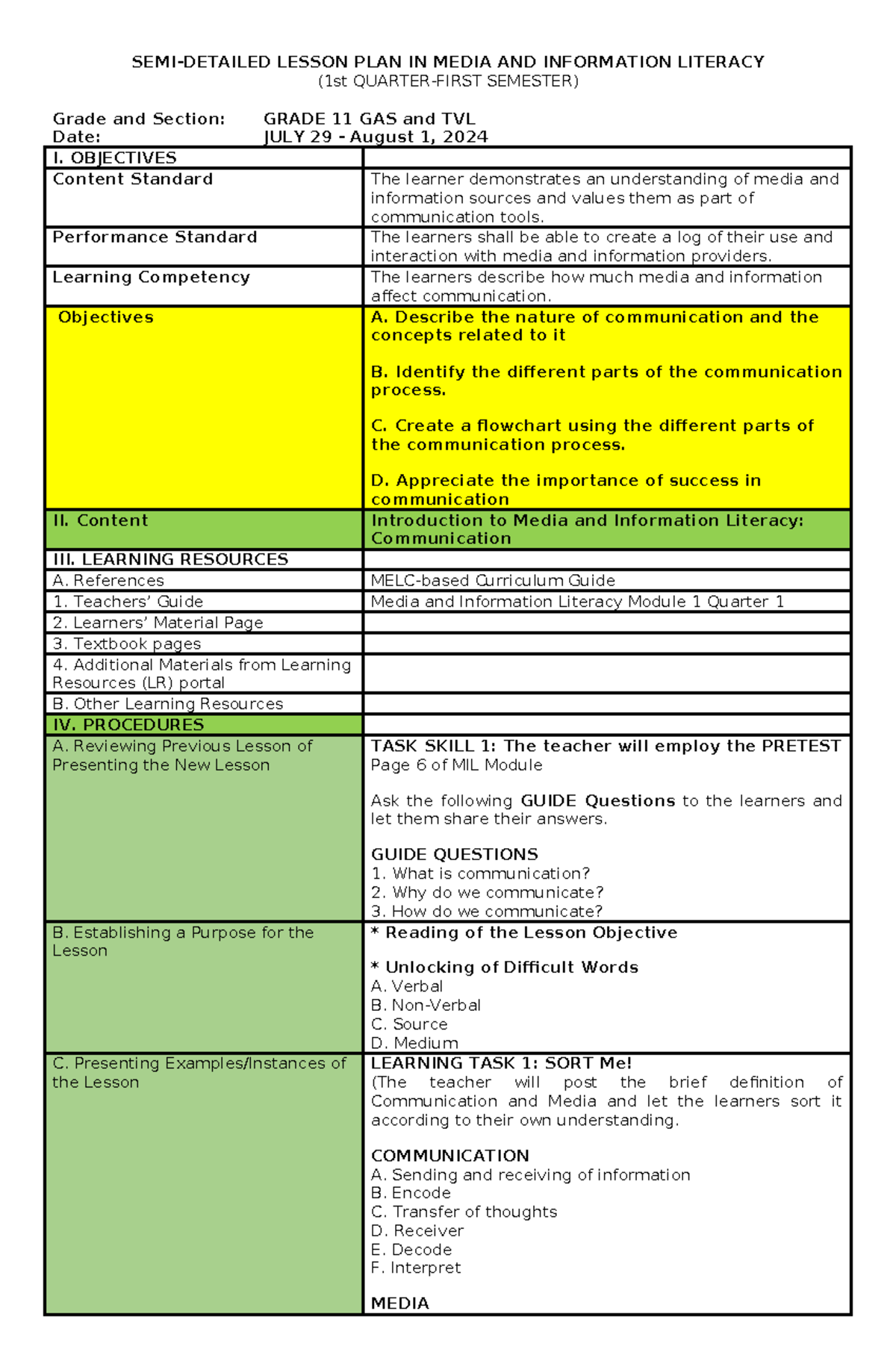 Brief Lesson PLAN IN MIL 11 - SEMI-DETAILED LESSON PLAN IN MEDIA AND ...