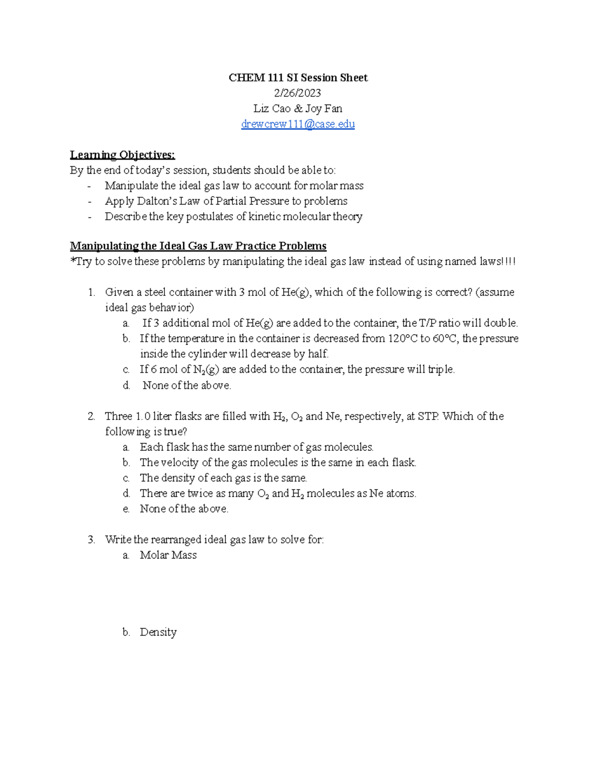 2 26 Sheet - CHEM111 ASSIGNMENT. - CHEM 111 SI Session Sheet 2/26/ Liz ...
