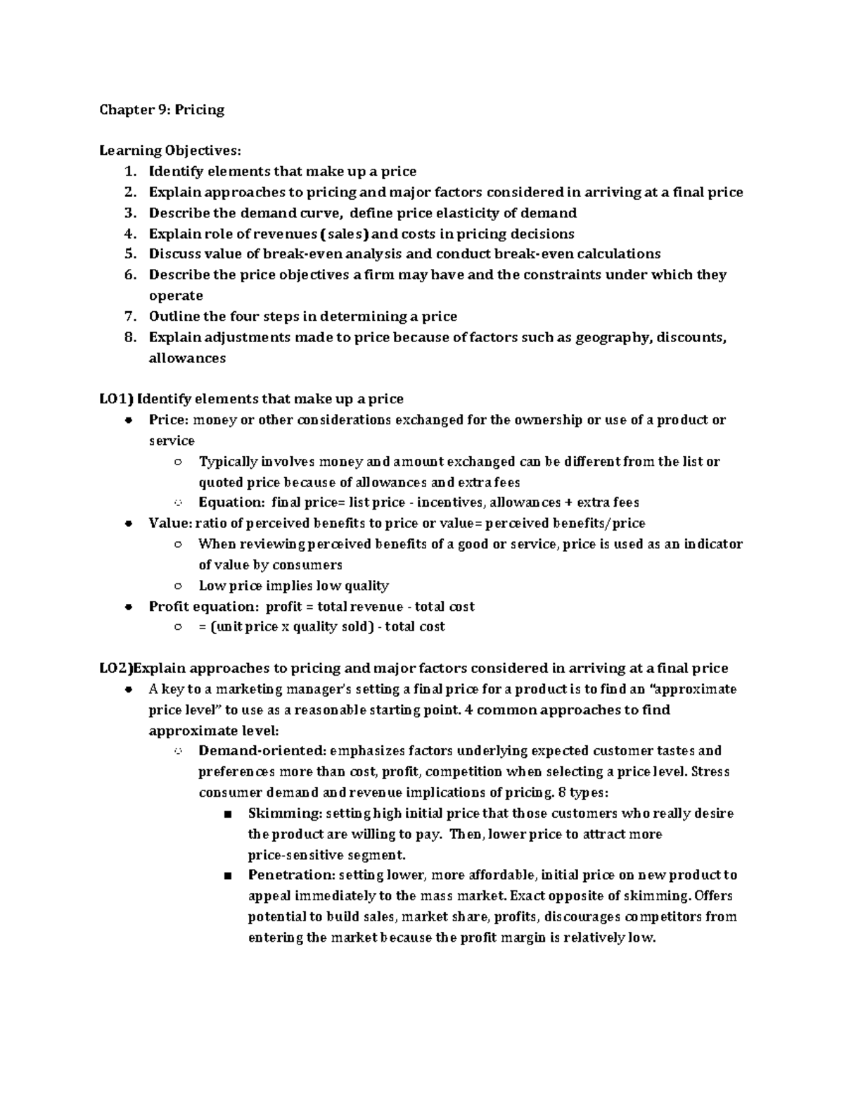 Mktg ch 9 + ch 12 notes - Chapter 9: Pricing Learning Objectives: 1 ...