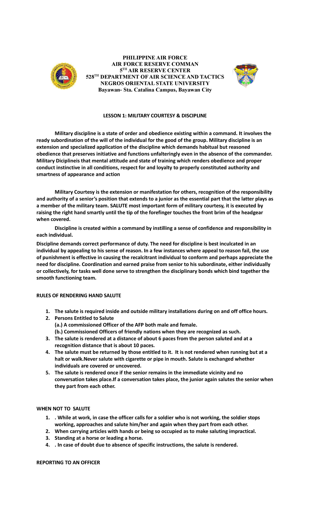 Military Courtesy Discipline PHILIPPINE AIR FORCE AIR FORCE RESERVE