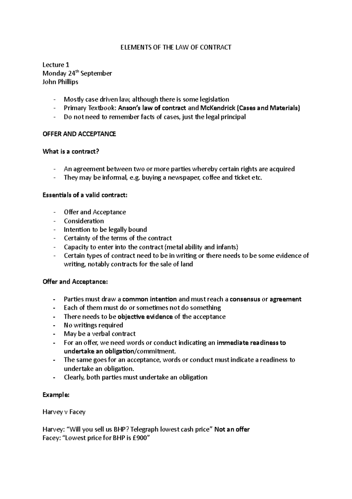 Offer and Acceptance - ELEMENTS OF THE LAW OF CONTRACT Lecture 1 Monday ...