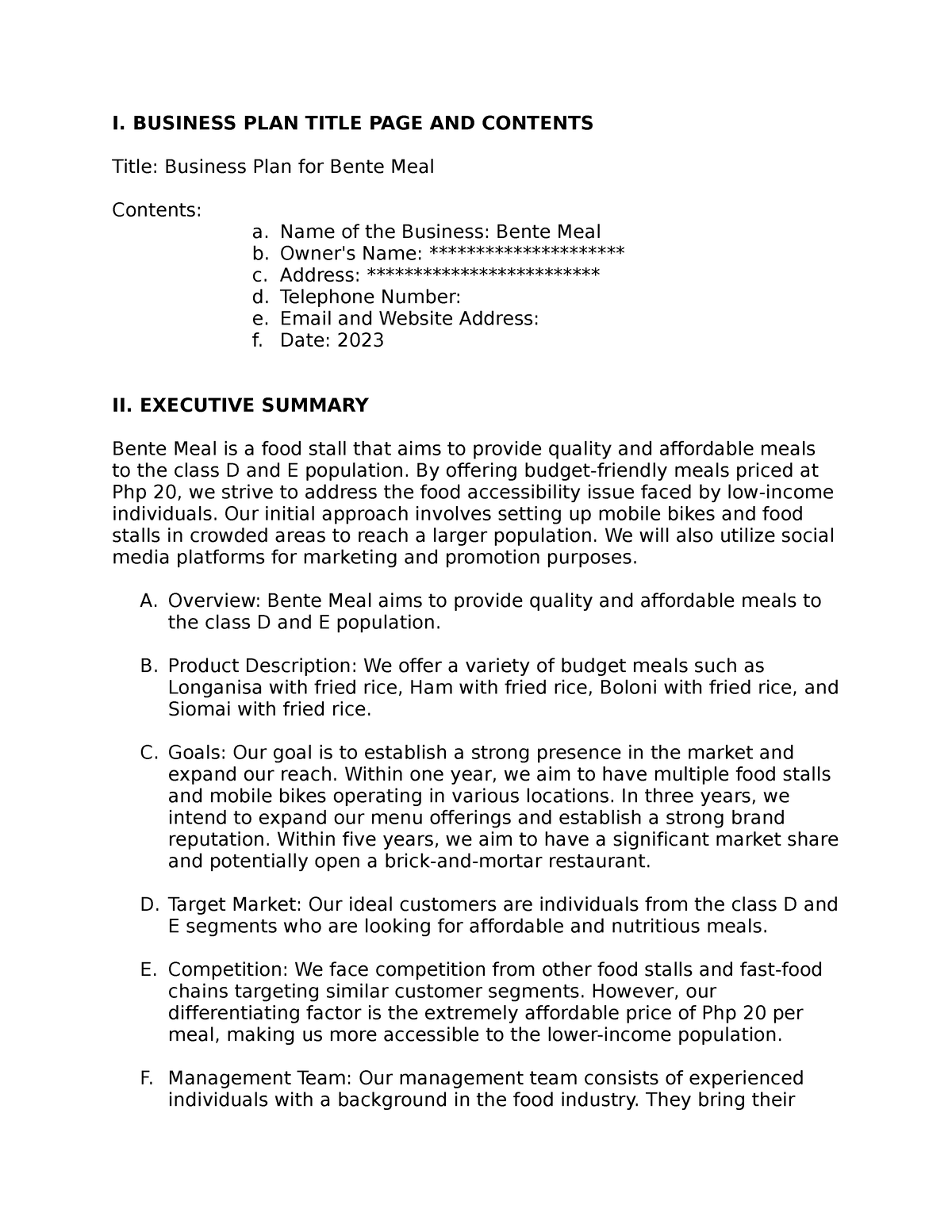 title page and contents of business plan