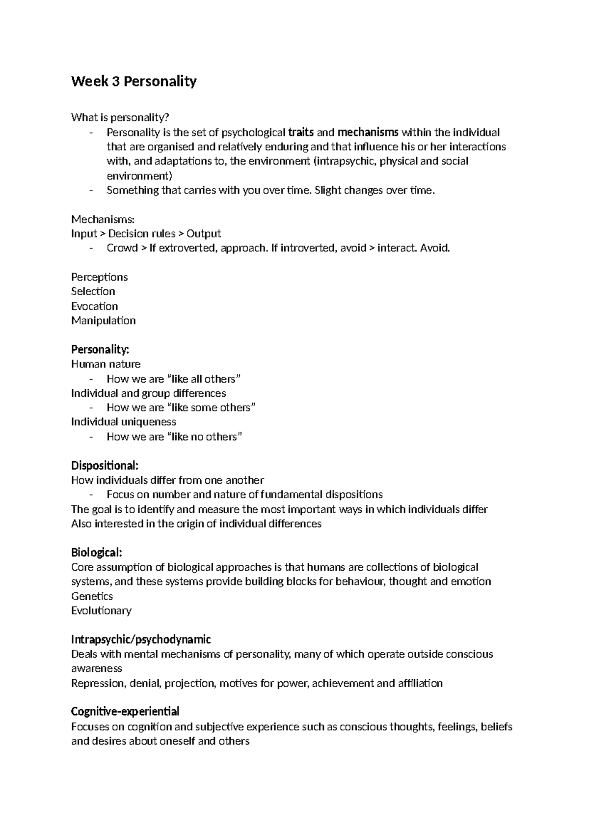 Week 3 Personality - Basic notes from week 3. Not in detail. - Week 3 ...