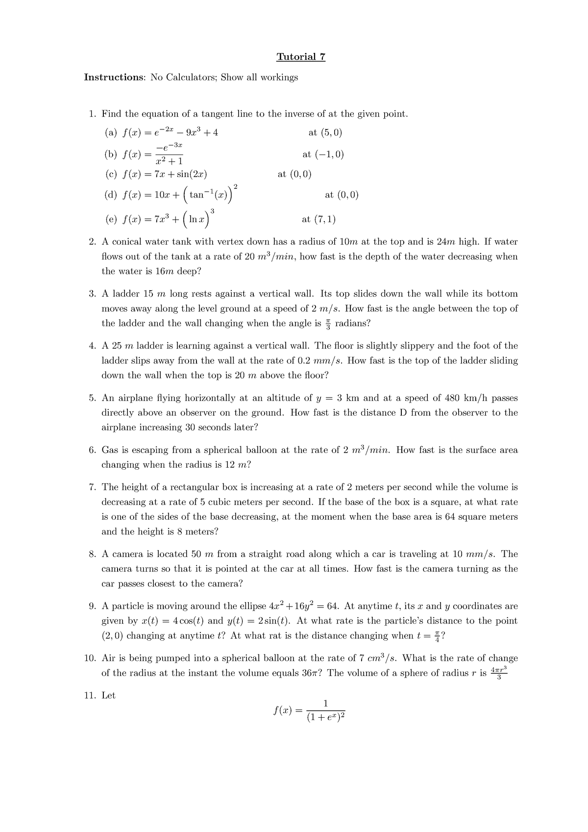 Tutorial 7 - Practice - Tutorial 7 Instructions: No Calculators; Show ...