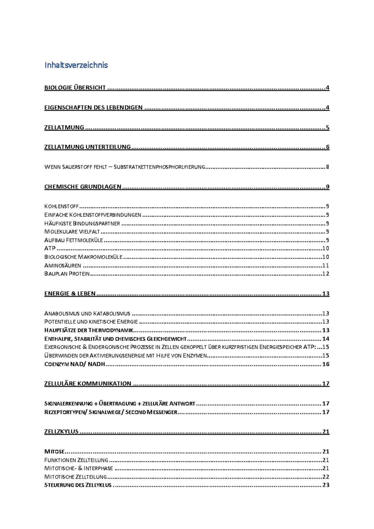 Allgemeine Biologie - Inhaltsverzeichnis BIOLOGIE ÜBERSICHT