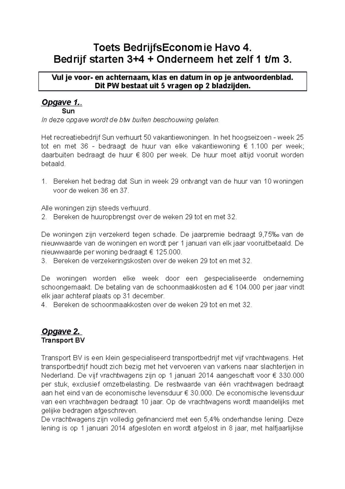 Oefentoets-Beco-PWW4 - Toets BedrijfsEconomie Havo 4. Bedrijf Starten 3 ...