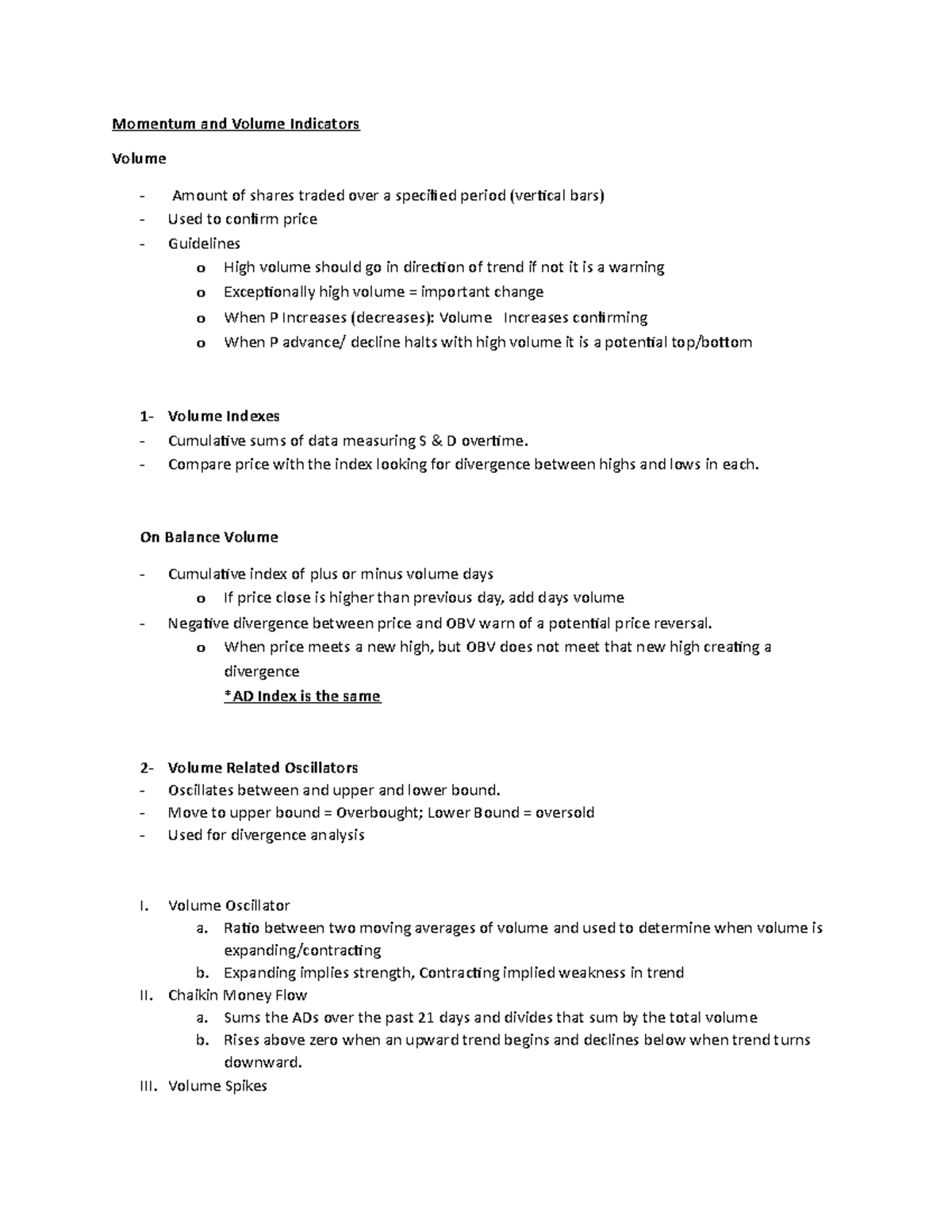 Final Notes FINA 408 - Momentum and Volume Indicators Volume Amount of ...