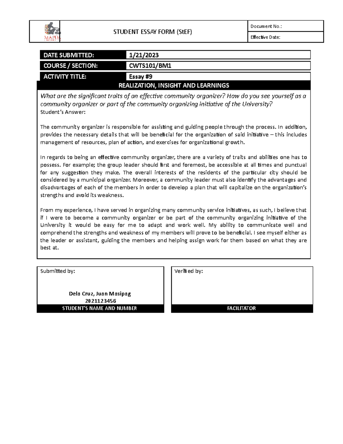 Form - CWTS101 Essay #9 - STUDENT ESSAY FORM (StEF) Document No ...