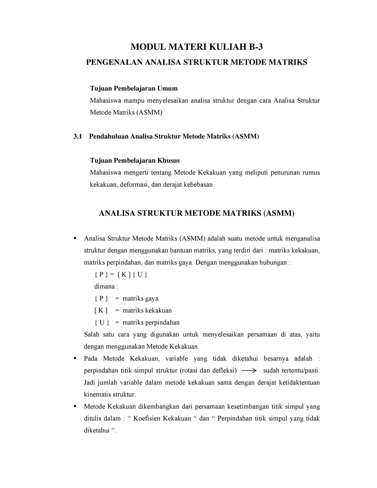 Analisa Struktur Dengan Matrikspdf Modul Materi Kuliah B Pengenalan