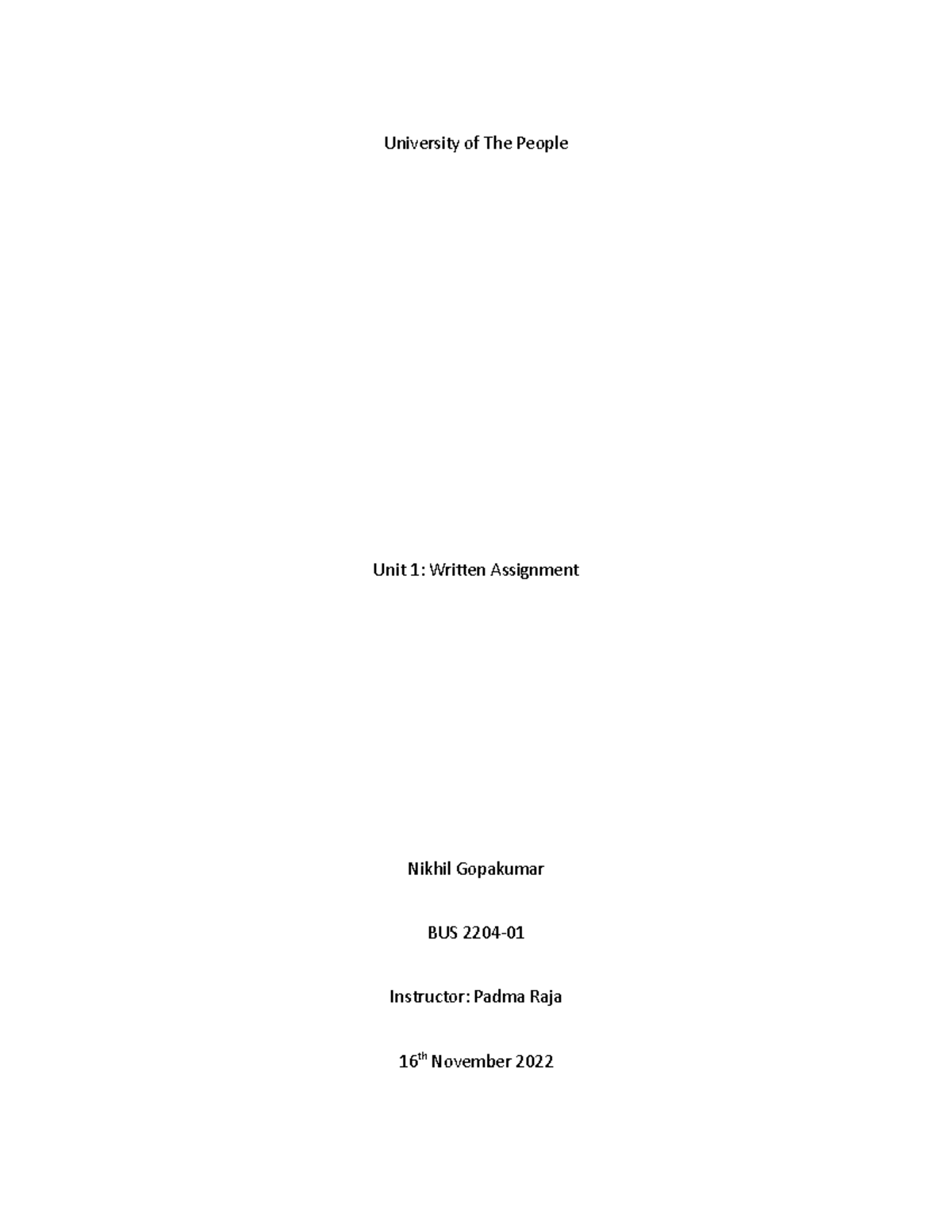 BUS220401 Written Assignment Unit 1 - University of The People Unit 1 ...